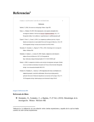Referencias1
Imagen 2 Referencias APA
Referencia de libros
 Hernández, R., Fernández, C., y Baptista, P. (5a Ed.). (2010). Metodología de la
investigación. México: McGraw-Hill.
1Referencias: La referencia es una relación entre ciertas expresiones y aquello de lo cual se habla
cuando se usan dichas expresiones
 