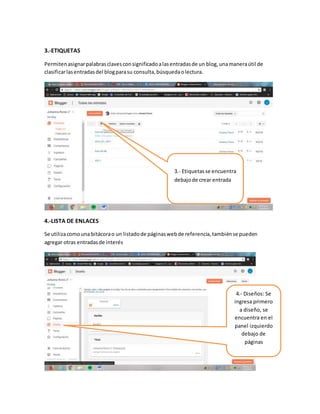 3.-ETIQUETAS
Permitenasignarpalabrasclavesconsignificadoalasentradasde un blog,unamaneraútil de
clasificarlasentradasdel blogparasu consulta,búsquedaolectura.
4.-LISTA DE ENLACES
Se utilizacomouna bitácorao un listadode páginaswebde referencia,tambiénse pueden
agregar otras entradasde interés
3.- Etiquetasse encuentra
debajode crear entrada
4.- Diseños: Se
ingresa primero
a diseño, se
encuentra en el
panel izquierdo
debajo de
páginas
 