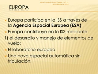 EUROPA 
María Fernanda Araiza Castillo 1.-E, 12 
de diciembre de 2014 
 Europa participa en la ISS a través de 
la Agencia Espacial Europea (ESA) . 
 Europa contribuye en la ISS mediante: 
1) el desarrollo y manejo de elementos de 
vuelo: 
 El laboratorio europeo 
 Una nave espacial automática sin 
tripulación. 
 