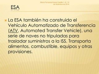 ESA 
María Fernanda Araiza Castillo 1.-E, 12 
de diciembre de 2014 
 La ESA también ha construido el 
Vehículo Automatizado de Transferencia 
(ATV, Automated Transfer Vehicle), una 
serie de naves no tripuladas para 
trasladar suministros a la ISS. Transporta 
alimentos, combustible, equipos y otras 
provisiones. 
 