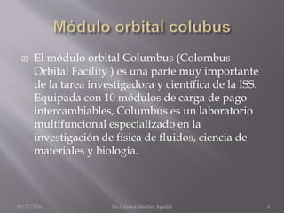  El módulo orbital Columbus (Colombus
Orbital Facility ) es una parte muy importante
de la tarea investigadora y científica de la ISS.
Equipada con 10 módulos de carga de pago
intercambiables, Columbus es un laboratorio
multifuncional especializado en la
investigación de física de fluidos, ciencia de
materiales y biología.
09/12/2016 Lía Cristina Sánchez Aguilar 6
 