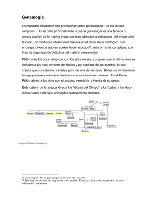 Genealogía
Es imposible establecer con precisión un árbol genealógico15 de los dioses
olímpicos. Ello se debe principalmente a que la genealogía es una técnica o
ciencia auxiliar de la historia y que por tanto obedece a estructuras del orden de lo
humano, de modo que obviamente fracasa en el plano de lo mitológico. Sin
embargo, diversos autores suelen hacer esbozos16, más o menos complejos, con
fines de organización didáctica del material presentado.
Platón unió los doce olímpicos con los doce meses y propuso que el último mes se
dedicara a los ritos en honor de Hades y los espíritus de los muertos, lo que
implica que consideraba a Hades para ser uno de los doce. Hades es eliminado en
las agrupaciones más tarde debido a sus asociaciones crónicas. En el Fedro
Platón alinea a los doce con el zodiaco y excluiría a Hestia de su rango.
En la cultura de la antigua Grecia los "dioses del Olimpo" y los "cultos a los doce
dioses" eran a menudo conceptos relativamente distintos.
15 Genealógico: De la genealogía o relacionado con ella.
16 Esbozos: es un artículo muy corto o sin acabar. El esbozo típico no proporciona toda la
información necesaria
Imagen 11-Árbol Genealógico
 