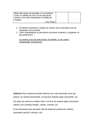 Murió allá arriba, en el puente, en su trinchera,
como un soldado de mar; con la rosa de los
vientos en la mano deshojando la estrella de
navegar.
León Felipe
2. Comparte en plenaria tu trabajo de manera que compruebes que tus
respuestas son correctas.
3. ¿Qué características te permitieron reconocer el género y subgénero al
que pertenecen?
La manera en la que está escrita, el contexto, si usa ciertos
componentes de redacción.
Reflexión:Para nosotros los textos literarios son más importante de lo que
parece, los usamos diariamente, ya sea para redactar algún documento, etc.
Sin duda nos servirá en nuestro futuro a la hora de redactar algún documento
extenso que contenga fabulas, cuentos, poemas, etc.
En la universidad para aprender más de redacción profesional, ámbitos
personales (escritor, redactor, etc).
 