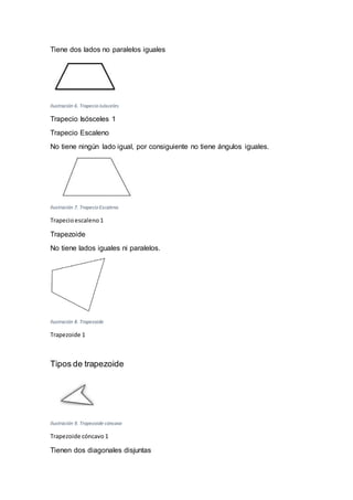 Tiene dos lados no paralelos iguales
Ilustración 6. Trapecio isósceles
Trapecio Isósceles 1
Trapecio Escaleno
No tiene ningún lado igual, por consiguiente no tiene ángulos iguales.
Ilustración 7. Trapecio Escaleno
Trapecioescaleno 1
Trapezoide
No tiene lados iguales ni paralelos.
Ilustración 8. Trapezoide
Trapezoide 1
Tipos de trapezoide
Ilustración 9. Trapezoide cóncavo
Trapezoide cóncavo 1
Tienen dos diagonales disjuntas
 