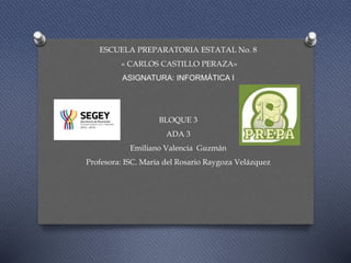 ESCUELA PREPARATORIA ESTATAL No. 8
« CARLOS CASTILLO PERAZA»
ASIGNATURA: INFORMÁTICA I
BLOQUE 3
ADA 3
Emiliano Valencia Guzmán
Profesora: ISC. María del Rosario Raygoza Velázquez