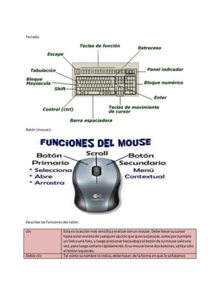 Teclado: 
Ratón (mouse): 
Describe las funciones del ratón: 
clic Esta es la acción más sencilla a realizar con un mouse. Debe llevar su cursor 
hasta estar encima de cualquier opción que quiera ejecutar, como por ejemplo 
un link o una foto, y luego presionar hacia abajo el botón de su mouse solo una 
vez, para luego soltarlo rápidamente. Si su mouse tiene dos botones, utilice sólo 
el botón izquierdo. 
Doble clic Tal como su nombre lo indica, debe hacer, de la forma en que le señalamos 
 