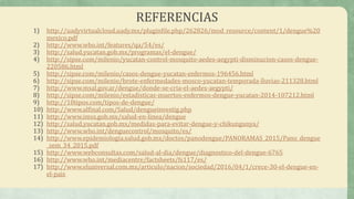 REFERENCIAS
1) http://uadyvirtualcloud.uady.mx/pluginfile.php/262826/mod_resource/content/1/dengue%20
mexico.pdf
2) http://www.who.int/features/qa/54/es/
3) http://salud.yucatan.gob.mx/programas/el-dengue/
4) http://sipse.com/milenio/yucatan-control-mosquito-aedes-aegypti-disminucion-casos-dengue-
220586.html
5) http://sipse.com/milenio/casos-dengue-yucatan-enfermos-196456.html
6) http://sipse.com/milenio/brote-enfermedades-mosco-yucatan-temporada-lluvias-211328.html
7) http://www.msal.gov.ar/dengue/donde-se-cria-el-aedes-aegypti/
8) http://sipse.com/milenio/estadisticas-muertos-enfermos-dengue-yucatan-2014-107212.html
9) http://10tipos.com/tipos-de-dengue/
10) http://www.alfinal.com/Salud/dengueinvestig.php
11) http://www.imss.gob.mx/salud-en-linea/dengue
12) http://salud.yucatan.gob.mx/medidas-para-evitar-dengue-y-chikungunya/
13) http://www.who.int/denguecontrol/mosquito/es/
14) http://www.epidemiologia.salud.gob.mx/doctos/panodengue/PANORAMAS_2015/Pano_dengue
_sem_34_2015.pdf
15) http://www.webconsultas.com/salud-al-dia/dengue/diagnostico-del-dengue-6765
16) http://www.who.int/mediacentre/factsheets/fs117/es/
17) http://www.eluniversal.com.mx/articulo/nacion/sociedad/2016/04/1/crece-30-el-dengue-en-
el-pais
 