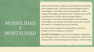 MORBILIDAD
Y
MORTALIDAD
Hasta marzo de 2015, en México la morbilidad y la mortalidad
por el dengue fue de 2 mil nueve casos de dengue clásico y
hemorrágico confirmado, 13mil casos probables, 468 de
dengue hemorrágico y 42 defunciones; mientras que en 2016
se confirmaron 2 mil 601 casos de dengue clásico y
hemorrágico, 18 mil 601 casos probables y 701 de dengue
hemorrágico y una muerte confirmada, aunque hay 15 casos
por analizar si el dengue fue causa de muerte.
Los casos fueron mayormente registrados en guerrero,
Chiapas, Veracruz, tabasco y nuevo león.
En 2015 en Yucatán el índice de mortalidad y morbilidad
por el dengue fue de 1, 458 casos confirmados, 1,098 son de
dengue clásico, 360 de dengue hemorrágico y 2 defunciones.
 