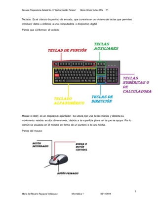 Escuela Preparatoria Estatal No. 8 “Carlos Castillo Peraza” Gloria Cristel Nuñez Piña 1°I 
3 
Teclado: Es el clásico dispositivo de entrada, que consiste en un sistema de teclas que permiten 
introducir datos u órdenes a una computadora o dispositivo digital 
Partes que conforman el teclado: 
Mouse o ratón: es un dispositivo apuntador. Se utiliza con una de las manos y detecta su 
movimiento relativo en dos dimensiones, debido a la superficie plana en la que se apoya. Por lo 
común se visualiza en el monitor en forma de un puntero o de una flecha. 
Partes del mouse: 
María del Rosario Raygoza Velázquez Informática 1 09/11/2014 
 