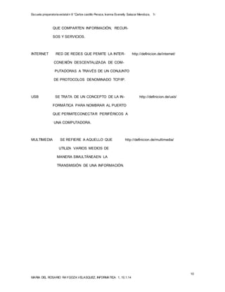 Escuela preparatoria estatal n 8 “Carlos castillo Peraza, Ivanna Evanelly Salazar Mendoza, 1i 
10 
QUE COMPARTEN INFORMACIÓN, RECUR-SOS 
Y SERVICIOS. 
INTERNET RED DE REDES QUE PEMITE LA INTER- http://definicion.de/internet/ 
CONEXIÓN DESCENTALIZADA DE COM-PUTADORAS 
A TRAVÉS DE UN CONJUNTO 
DE PROTOCOLOS DENOMINADO TCP/IP. 
USB SE TRATA DE UN CONCEPTO DE LA IN- http://definicion.de/usb/ 
FORMÁTICA PARA NOMBRAR AL PUERTO 
QUE PERMITECONECTAR PERIFÉRICOS A 
UNA COMPUTADORA. 
MULTIMEDIA SE REFIERE A AQUELLO QUE http://definicion.de/multimedia/ 
UTILIZA VARIOS MEDIOS DE 
MANERA SIMULTÁNEAEN LA 
TRANSMISIÓN DE UNA INFORMACIÓN. 
MARIA DEL ROSARIO RAYGOZA VELASQUEZ, INFORMATICA 1, 10.1.14 
 