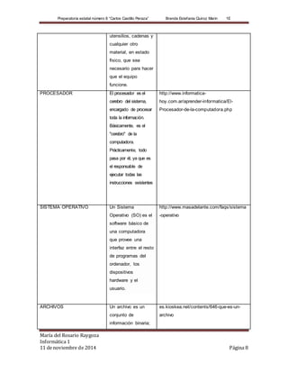 Preparatoria estatal número 8 “Carlos Castillo Peraza” Brenda Estef ania Quiroz Marin 1E 
utensilios, cadenas y 
cualquier otro 
material, en estado 
físico, que sea 
necesario para hacer 
que el equipo 
funcione. 
PROCESADOR El procesador es el 
cerebro del sistema, 
encargado de procesar 
toda la información. 
Básicamente, es el 
"cerebro" de la 
computadora. 
Prácticamente, todo 
pasa por él, ya que es 
el responsable de 
ejecutar todas las 
instrucciones existentes 
http://www.informatica-hoy. 
com.ar/aprender-informatica/El- 
Procesador-de-la-computadora.php 
SISTEMA OPERATIVO Un Sistema 
Operativo (SO) es el 
software básico de 
una computadora 
que provee una 
interfaz entre el resto 
de programas del 
ordenador, los 
dispositivos 
hardware y el 
usuario. 
http://www.masadelante.com/faqs/sistema 
-operativo 
ARCHIVOS Un archivo es un 
conjunto de 
información binaria; 
es.kioskea.net/contents/646-que-es-un-archivo 
María del Rosario Raygoza 
Informática 1 
11 de noviembre de 2014 Página 8 
 