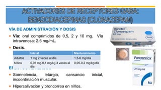 VÍA DE ADMINISTRACIÓN Y DOSIS
 Vía: oral comprimidos de 0,5, 2 y 10 mg. Vía
intravenosa: 2.5 mg/mL.
 Dosis.
EFECTOS ADVERSOS
 Somnolencia, letargia, cansancio inicial,
incoordinación muscular.
 Hipersalivación y broncorrea en niños.
Inicial Mantenimiento
Adultos 1 mg 2 veces al día 1,5-6 mg/día
Niños 0,05 mg-0,1 mg/kg 3 veces al
día
0,05-0,2 mg/kg/día
 