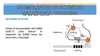 Inhibe el transportador del GABA
(GAT-1) para reducir la
captación de GABA hacia las
neuronas y neuroglia
MECANISMO DE ACCIÓN
Vigabatrina
 