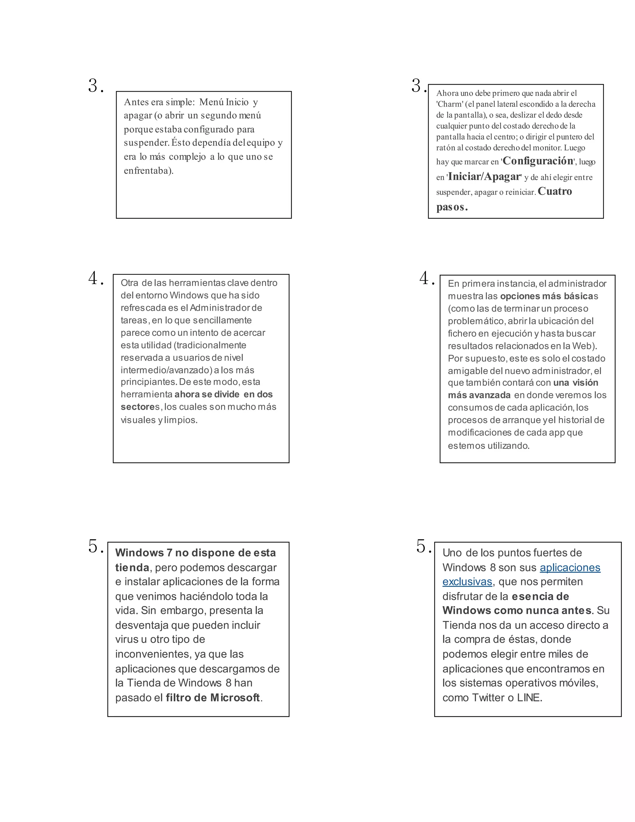 3. 3. 
Antes era simple: Menú Inicio y 
apagar (o abrir un segundo menú 
porque estaba configurado para 
suspender. Ésto dependía del equipo y 
era lo más complejo a lo que uno se 
enfrentaba). 
4. 4. 
5. 5. 
Ahora uno debe primero que nada abrir el 
'Charm' (el panel lateral escondido a la derecha 
de la pantalla), o sea, deslizar el dedo desde 
cualquier punto del costado derecho de la 
pantalla hacia el centro; o dirigir el puntero del 
ratón al costado derecho del monitor. Luego 
hay que marcar en 'Configuración', luego 
en 'Iniciar/Apagar' y de ahí elegir ent re 
suspender, apagar o reiniciar. Cuatro 
pasos. 
Otra de las herramientas clave dentro 
del entorno Windows que ha sido 
refrescada es el Administrador de 
tareas, en lo que sencillamente 
parece como un intento de acercar 
esta utilidad (tradicionalmente 
reservada a usuarios de nivel 
intermedio/avanzado) a los más 
principiantes. De este modo, esta 
herramienta ahora se divide en dos 
sectores, los cuales son mucho más 
visuales y limpios. 
En primera instancia, el administrador 
muestra las opciones más básicas 
(como las de terminar un proceso 
problemático, abrir la ubicación del 
fichero en ejecución y hasta buscar 
resultados relacionados en la Web). 
Por supuesto, este es solo el costado 
amigable del nuevo administrador, el 
que también contará con una visión 
más avanzada en donde veremos los 
consumos de cada aplicación, los 
procesos de arranque y el historial de 
modificaciones de cada app que 
estemos utilizando. 
Windows 7 no dispone de esta 
tienda, pero podemos descargar 
e instalar aplicaciones de la forma 
que venimos haciéndolo toda la 
vida. Sin embargo, presenta la 
desventaja que pueden incluir 
virus u otro tipo de 
inconvenientes, ya que las 
aplicaciones que descargamos de 
la Tienda de Windows 8 han 
pasado el filtro de Microsoft. 
Uno de los puntos fuertes de 
Windows 8 son sus aplicaciones 
exclusivas, que nos permiten 
disfrutar de la esencia de 
Windows como nunca antes. Su 
Tienda nos da un acceso directo a 
la compra de éstas, donde 
podemos elegir entre miles de 
aplicaciones que encontramos en 
los sistemas operativos móviles, 
como Twitter o LINE. 
