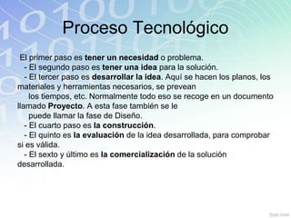 Proceso Tecnológico
El primer paso es tener un necesidad o problema.
- El segundo paso es tener una idea para la solución.
- El tercer paso es desarrollar la idea. Aquí se hacen los planos, los
materiales y herramientas necesarios, se prevean
los tiempos, etc. Normalmente todo eso se recoge en un documento
llamado Proyecto. A esta fase también se le
puede llamar la fase de Diseño.
- El cuarto paso es la construcción.
- El quinto es la evaluación de la idea desarrollada, para comprobar
si es válida.
- El sexto y último es la comercialización de la solución
desarrollada.
 