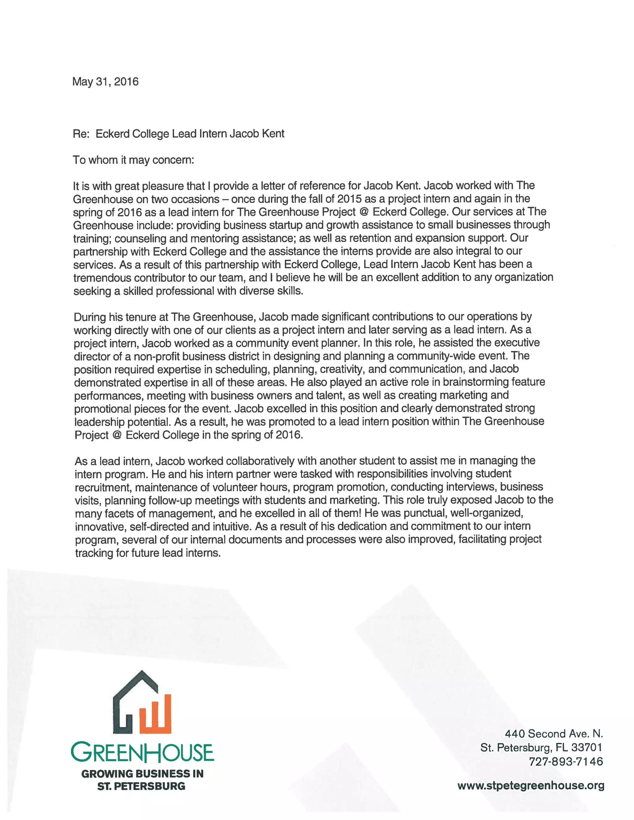 Lead Intern Jacob Kent Ref Letter - 5-31-16 | PDF