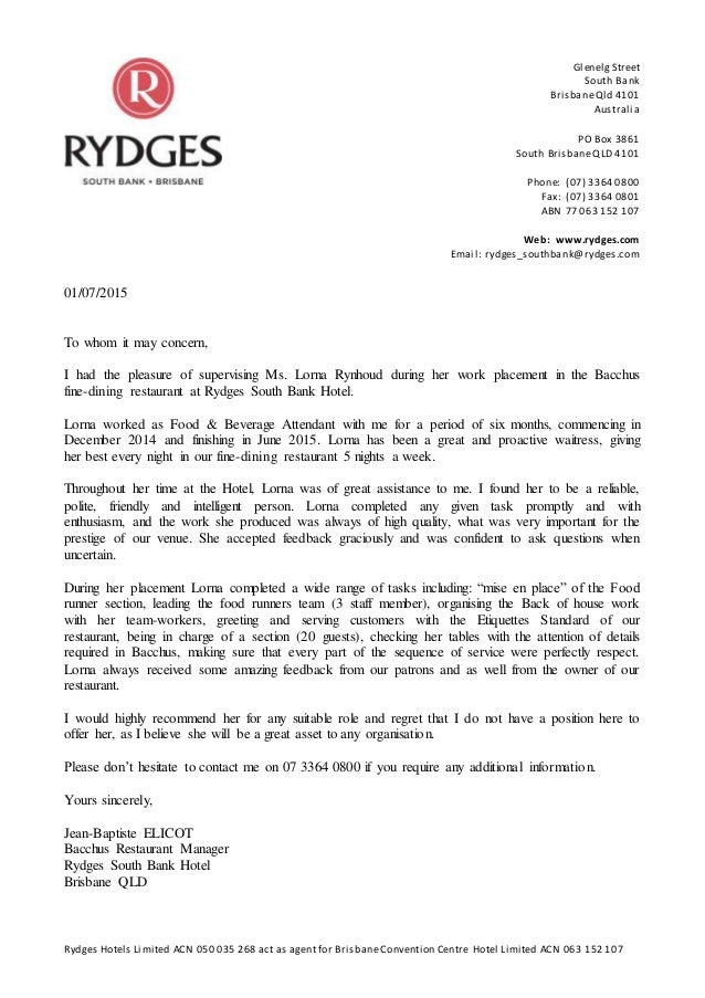 Restaurant Reference Letter Sample