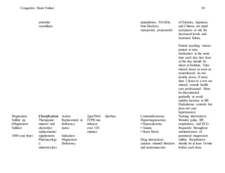 Congestive Heart Failure 34
arteriolar
vasodilator.
epinephrine, NSAIDs,
beta blockers,
metoprolol, propranolol
of Eskimos, Japanese,
and Chinese are rapid
acetylators at risk for
decreased levels and
treatment failure.
Patient teaching: nstruct
patient to take
medication at the same
time each day; last dose
of the day should be
taken at bedtime. Take
missed doses as soon as
remembered; do not
double doses. If more
than 2 doses in a row are
missed, consult health
care professional. Must
be discontinued
gradually to avoid
sudden increase in BP.
Hydralazine controls but
does not cure
hypertension.
Magnesium
Sulfate inj
(Magnesium
Sulfate)
1000 (one time)
Classification
Therapeutic:
mineral and
electrolyte
replacements/
supplements
Pharmacologi
c:
minerals/elect
Action:
Replacement in
deficiency
states.
Indication:
Magnesium
Deficiency
2gm/50ml
IVPB one
infusion
over 120
minutes
diarrhea Contraindications:
Hypermagnesemia;
• Hypocalcemia;
• Anuria;
• Heart block;
Drug interactions:
calcium channel blockers
and neuromuscular
Nursing intervention:
Monitor pulse, BP,
respirations, and ECG
frequently throughout
administration of
parenteral magnesium
sulfate. Respirations
should be at least 16/min
before each dose.
 