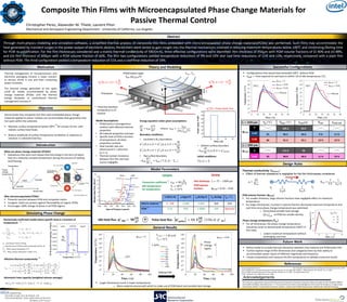 0 10 20 30 40 50 60
37
47
57
67
77
87
97
107
117
Temperature,T(K)
Time, t (s)
Theory and Modeling
Composite Thin Films with Microencapsulated Phase Change Materials for
Passive Thermal ControlChristopher Perez, Alexander M. Thiele, Laurent Pilon
Mechanical and Aerospace Engineering Department - University of California, Los Angeles
Abstract
Motivation
Thermal management of microprocessors and
electronic packaging remains a major concern
as devices shrink in size and their computing
power increases.
The thermal energy generated at hot spots
could be readily accommodated by phase
change materials (PCMs) until the thermal
energy dissipates or conventional thermal
management removes it.
Through multi-physics modeling and simulation software, a simplified thermal analysis of composite thin films embedded with micro-encapsulated phase change materials(PCMs) was performed. Such films may accommodate the
heat generated by transient surges in the power output of electronic devices. Parameters were varied to gain insight into the thermal mechanisms involved in reducing maximum temperatures below 100℃ and minimizing cooling time
for PCM re-solidification. For the film thicknesses considered and a matrix thermal conductivity of 5W/(m∙K), three effective configurations were identified: film thickness of 450μm with PCM volume fractions of (i) 40% and (ii) 60%,
and (iii) film thickness of 400μm with a PCM volume fraction of 60%. The first two configurations yielded temperature reductions of 9% and 13% and cool time reductions of 11% and 13%, respectively, compared with a plain film
without PCM. The third configuration yielded a temperature reduction of 11% and a cool time reduction of 19%.
What are phase change materials (PCMs)?
 Substances that store and release thermal energy in the form of latent
heat at a relatively constant temperature during the process of melting
and freezing.
Stored heat
Latent
Temperature
Sensible
Sensible
Phase
change
temperature
Why microencapsulated PCMs?
 Prevents reaction between PCM and composite matrix
 Inorganic shells can protect against flammability of organic PCMs
 Encourages 100% change of phase in all PCM regions
Acknowledgements
This work was supported by Intel and the Semiconductor Research Corporation Education Alliance through the SRC Education Alliance
Grant 2009-UR-2035G, Amendment No. 4. • The researchers also wish to acknowledge the UCLA Center for Excellence in Engineering
and Diversity (CEED)—Enrique (Rick) Ainsworth, Director • Audrey Pool O’Neal• Nadia Alvarez •Melissa Moz •Michael Gervasoni
Introduction
Demonstrate that composite thin films with embedded phase change
materials applied to planar surfaces can accommodate heat generation and
hot spots within the substrate.
 Maintain surface temperature below 100oC for at least 10 min. with
realistic surface heat fluxes.
 Reduce amplitude of surface temperature oscillations in response to
variation in substrate heat flux.
Successful Configurations
Objective
p,c,s pc pc
sf
p,c p,c,s pc pc pc pc
pc
p,c,l pc pc
sf
p
pc
c T < T T / 2
h
c = +c T T / 2 T T T / 2
ΔT
c T > T T / 2
h : Latent heat of fusion [kJ/kg]
c : Specificheat of PCMinsolid(s)andliquid(l) [kJ/kg K]
T : Onset of melting tempera
  


     

  

pc
ture [ C]
ΔT : Melting temperature range [ C]
o
o
Numerically confirmed model where specific heat is a function of
temperature:
   
   
s s c s s
m c s c s c s
c c s c c
eff
s s c s c s s
c s c s
c c s c m c m
k
k 1- - 6+4 +2 + 1+2 +2 3+ k +2 k
k
k =
k k k
2+ + 3+2 + + 1- - 3+ +2
k k k
   
   
   
   
   
   
    
   
    
    
   
    
        p c p s p c s peff c s m
ρc (T) = ρc (T) + ρc + 1 - - ρc   
Effective thermal conductivity:
Volumetric heat capacity (weighted volume average):
h air , T∞PCM/matrix layer
qyꞌꞌ(x, y, z, t) = 0
W
m2
qxꞌꞌ(x, y, z, t) = 0
W
m2
Laa
keff, (ρcp)eff (T)
xy
z
Model Parameters
L
Model Assumptions:
• PCM/matrix is homogeneous
medium with effective thermal
properties
• All material properties isotropic
• Specific heat of PCM a function
of temperature; all other
properties constant
• Heat transfer was one
dimensional in z-direction,
(a >> L)
• Thermal contact resistance
between thin film and heat
source negligible
Energy equation under given assumptions:
𝜕T
𝜕t
= αeff
𝜕2
T
𝜕z2
where: αeff =
keff
ρcp eff
T
Boundary conditions:
• Insulated x & y boundaries
q′′x 0, y, z, t = q′′x a, y, z, t = 0
W
m2
q′′y x, 0, z, t = q′′y x, a, z, t = 0
W
m2
• Top surface boundary
−keff
𝜕T
𝜕z
= hair T L, t − T∞
• Bottom surface boundary
−keff
𝜕T
𝜕z
x, y, 0, t = q′′pulse
Initial conditions:
T z, t = Ti
Simulating Phase Change
General Results
Idle heat flux: 𝐪ꞌꞌ idle = 𝟗𝟎
𝐤𝐖
𝐦 𝟐
Constant
Convection coefficient : hair = 80
W
m2∙K
Idle temperature: Ti = 40℃
Air temperature: T∞ = 25℃
Varying
Film thickness: L = 75 − 1000 μm
PCM volume
fraction: ϕPCM= 0.20 − 0.60
k (W/m∙K) ρ (kg/m3) cp (kJ/kg∙K) hsf (kJ/kg) Tpc ℃
Matrix material 5 - 100 1,200 3.062 N/A N/A
PCM 0.21 870 1.6095 245 Optimize
Pulse heat flux: 𝐪ꞌꞌ 𝐩𝐮𝐥𝐬𝐞
= 𝟏𝟑. 𝟓
𝐤𝐖
𝐦 𝟐 15% of qꞌꞌ idle
Adding PCM
Temperature,T(℃)
75
150
225
325
400
450
575
750
1000
0 20 40 60 80 100
47
67
87
107
127
147
167
187
207
Time, t (s)
L(mm):
kmatrix = 5 W/m∙K
Tpc = 52o
C
0 20 40 60 80 100
47
67
87
107
127
147
167
187
207
Temperature,T(℃)
Time, t (s)
Phase
change
region
Design Rules
Future Work
14
Intel
IBM Prescott
Bipolar ES9000 Intel
12 Jayhawk
2 CMOS
10 IBM
Intel z990
McKinley
Fujitsu IBM
VP2000 POWER 5
8 IBM
m
IBM IBM GP
c 3090S RY5
/
W 6 NTT Fujitsu IBM Pentium IV
ux, M780 RY7
l F
Heat Cyber IBM RY6 RS64 III
4 CDC IBM IBM
e
odul
205 3090
IBM IBM
M 2 3081 IBM IBM RY4
vacuum IBM IBM IBM 4381 RS64 Intel tubes 360
370 3035 Fujitsu Merced
M380 Pentium II
0
1950 1960 1970 1980 1990 2000 2010
Year of Product Launch
0
20
40
60
80
100
120
140
Time, t (s)
10
Powerinput,P(W)
20 30 40 …
Thermal conductivity 𝐤 𝐦𝐚𝐭𝐫𝐢𝐱
 Effect of thermal resistance is negligible for the film thicknesses considered
PCM volume fraction 𝛟 𝐏𝐂𝐌
 For smaller thickness, large volume fractions have negligible effect on maximum
temperature
 For larger thicknesses, increase in volume fraction decreased maximum temperature and
cool time once phase change temperature was optimized
o Diminished sensible heat storage
ρcp eff
as PCM has smaller density
Phase change temperature (𝐓𝐩𝐜)
 For all thicknesses, the phase change temperature
should be closer to desired peak temperature (100℃ in
this case)
o Lowers maximum temperature without
prolonging cool time
16 18 20 22 24
0
10000
20000
30000
40000
50000
60000
70000
Tpc
liquidmelting
PCMspecificheatcapacity,cp,c(J/kg.K)
Temperature, T
 Tpc
hsf
Tpc
solid
 Refine model to include thermal interaction between chip material and PCM/matrix film
 Further explore range of film thicknesses and categorize them by their ability to
accommodate power inputs of different magnitude and frequency
 Create composite(s) and measure the film temperature to validate numerical results
q
1
hairA
L
keffA
T1
T2
q =
∆T
Rtot
Rtot =
1
h A
+
L
keff A
20 40 60 80
47
67
87
107
Temperature,T(℃)
Time, t (s)
52
70
90
Tpc ℃ :
ϕPCM = 0 ϕPCM = 0.60
www.wallpaperup.com
www.microteklabs.com
[2]
[3]
0
2
4
6
8
10
12
14
1950 1960 1970 1980 1990 2000 2010
Year of Product Launch
Bipolar CMOS
vacuum tubes
IBM 360
IBM 370 IBM 3035
Fujitsu M380
IBM 3081
IBM 4381
CDC Cyber 205
IBM 3090
Fujitsu
M780
IBM 3090S
Fujitsu
VP2000
IBM ES9000
IBM RY4
IBM
RY7 Pentium IV
IBM RY5 IBM GP
IBM POWER 5
Intel McKinley IBM z990
Intel Jayhawk
Intel Prescott
ModuleHeatFlux,W/cm2
NTT
Intel Merced
IBM RS64
Pentium II
IBM RY6
IBM RS64 III
[4]
[5]
[7]
[6]
References
 Larger thicknesses result in lower temperatures
o More material volume with which to make use of PCM latent and sensible heat storage
+
Processor
Film/chip interface
temperature is of
interest
Phase change temperature [℃]
Phase change temperature window [℃]
ϕPCM = 0
ϕPCM = 0.60
L = 400 μm
Temperature,T(℃)
0 10 20 30 40 50 60
37
47
57
67
77
87
97
107
117
Time, t (s)
ϕPCM = 0
ϕPCM = 0.40
ϕPCM = 0.60
L = 450 μm
 Configurations that would have exceeded 100℃ without PCM
 𝐭 𝐜𝐨𝐨𝐥 = Time required to cool back to within 1% of idle temperature, (Ti)
100℃100℃
100℃100℃
𝐋 = 𝟒𝟓𝟎 𝛍𝐦 Tpc ℃ 𝐓 𝐦𝐚𝐱 ℃ 𝐭 𝐜𝐨𝐨𝐥 𝐬 𝐓𝐫𝐞𝐝 𝐭 𝐜𝐨𝐨𝐥 𝐫𝐞𝐝
𝛟 𝐏𝐂𝐌
0 105.2 63.4
0.40 91 96.2 56.6 9 % 11 %
0.60 86 91.5 55.1 13 % 13 %
𝐋 = 𝟒𝟎𝟎 𝛍𝐦
𝛟 𝐏𝐂𝐌 0 111.4 58
0.60 93 98.8 48.9 11 % 19 %
qzꞌꞌ(t) = Pulse Heat Flux
[1]
[1] www.pugetsystems.com [5] T. Atarashi, Journal of Electronics Cooling and Thermal Control, vol.4, 2014
[2] P. Lamberg et al., International Journal of Thermal Sciences, vol. 43, 2004 [6] O. Raghu, J. Philip, Measure. Sci. Technol., vol. 17, 2006
[3] J.D. Felske, International Journal of Heat and Mass Transfer, vol. 47, 2004 [7] www.puretemp.com
[4] M.J. Ellsworth, Proc. 2008 Therm Conf., 2008
℃
*
 