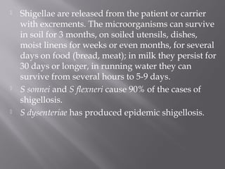    Shigellae are released from the patient or carrier
    with excrements. The microorganisms can survive
    in soil for 3 months, on soiled utensils, dishes,
    moist linens for weeks or even months, for several
    days on food (bread, meat); in milk they persist for
    30 days or longer, in running water they can
    survive from several hours to 5-9 days.
   S sonnei and S flexneri cause 90% of the cases of
    shigellosis.
   S dysenteriae has produced epidemic shigellosis.
 