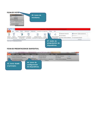 FICHA DE VISTA.
FICHA DE PRESENTACIONDE DIAPOSITIVA.
27. botón de
presentación de
diapositivas.
43. icono desde
el principio.
44. icono de
configuración
de diapositivas.
45. icono de
monitores.
 