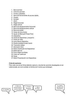 1. Barra de título
2. Cinta de opciones
3. Fichas o pestañas
4. Barra de herramientas de acceso rápido
5. Grupos
6. Iniciador
7. Zoom
8. Regla horizontal
9. Regla vertical
10. Barra de desplazamiento horizontal
11. Barra de desplazamiento vertical
12. Barra de estado
13. Vistas del documento
14. Ayuda de Microsoft Power Point
15. Diapositiva
16. Panel de diapositivas y esquema
17. Panel de notas
18. Icono Nueva diapositiva
19. Diseño predeterminado Austin
20. Transición Voltear
21. Animación Girar
22. Botón Clasificador de Diapositivas
23. Botón Normal
24. Icono Página de Notas
25. Línea de cuadrícula
26. Guías
27. Botón Presentación con Diapositivas
Cinta de opciones
Para cada una de las fichas deberás capturar y recortar las opciones desplegadas al ser
seleccionada, así como señalar el nombre de 4 iconos que contengan.
1.- Barra
de Titulo
3.- Fichas o
Pestañas
4.- Barra de
Herramientas o
acceso rápido
6.- Iniciador
14.- Ayuda
de Microsoft
PowerPoint
 