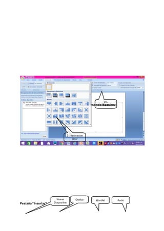 Pestaña “Insertar”
Nueva
Diapositiva
Grafico WordArt Audio
20.-
Transición
Voltear
21.-Animacion
Girar
 