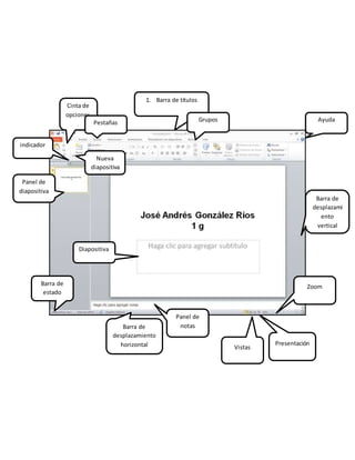 Nueva
diapositiva
indicador
Panel de
diapositiva
sssss
Diapositiva
Barra de
estado
Barra de
desplazamiento
horizontal
Panel de
notas
Vistas
Presentación
Zoom
Barra de
desplazami
ento
vertical
1. Barra de títulos
Cinta de
opciones
. Pestañas Grupos Ayuda
 