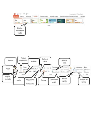 Diseño
Predeterm
inado
copiar
Pegar
Copiar
formato
Nueva
diapositiva Alinear
todo
Cortar sección
CentrarMayúsculas
minúsculas
Color de
letra
Estilos
rápidos
Convertir a
smart
Efectos de
forma
 