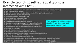 Example prompts to refine the quality of your
interaction with ChatGPT
1. Revise this piece of text to be more [clear, shorter, elaborated, concise, simple, complex, humorous]
2. Edit this paragraph for grammar
3. Generate some write up on the [topic] that meets the following criteria [paste criteria].
4. Rewrite this text in the style of [style name]
5. Summarize the [topic] in 50 words or less.
6. Write step-by-step directions for [topic]
7. I need further details than the above.
8. Give me more explanation. Focus on [specific]
9. Based on the following [criteria], give me 5 specific facts for [info]
10. Rewrite this email so it is more [ADJECTIVE] [PASTE EMAIL DRAFT]
11. Write a thank you email to a family member who [WAY THEY HELPED]
12. Describe [TOPIC] in detail
13. Write 10 discussion questions to talk about [TOPIC]
14. Write a model essay on [TOPIC] that includes [FEATURES]
15. Write a song in the style of [ARTIST/GENRE] that teaches students about [TOPIC]
16. Explain the process of [TASK] in [NUMBER] steps
17. Condense this into just [NUMBER] steps [PASTE TEXT]
18. Create a survey to see what [GRADE LEVEL] students would be most interested in learning about [TOPIC]
19. Provide some examples of open-ended questions to include in a student survey about [TOPIC]
20. Can you suggest some interactive games or activities that can help reinforce learning in [TOPIC]? 25
You can keep on interacting with
ChatGPT, ask it to refine and
personalise your request!
 