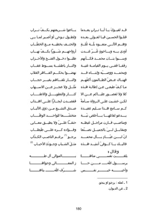 ‫قــد لقبــوك يــا أبــا تــراب بعــدما‬
‫ ٍ‬
‫تلَ‬

‫بـــاعوا شـــريعتهم بكـــف تـــراب‬
‫اّ‬

‫قتلــوا الحســين فيــا لعــولي بعــده‬

‫ولطــول نــوحي أو أصــير لمــا بــي‬

‫ُ  ٍ‬
‫وهـــم اللـــى منعـــوه بلـــة رغلـــة‬
‫اّ‬

‫والحتـــف يخطبـــه مـــع الخطـــاب‬
‫اّ‬

‫أودى ب ـــه وب ـــاخوة رغ ـــر رغ ـــدت‬
‫ ٍ ُـ اّ ـ‬
‫ـ‬
‫ـ‬

‫أرواحه ـــم ش ـــورا بك ـــف نه ـــاب‬
‫ـ اّ ـ‬
‫تلَـ‬
‫ـ‬

‫وســـبوا بنـــات محمـــد فكـــأنهم‬
‫ـ‬
‫ـ‬
‫ـ‬
‫ـ‬

‫طلبـــوا دخـــول الفتـــح والح ــزاب‬
‫ـ‬

‫رفقــا ففــي يــوم القيامــة رغنيــة‬
‫ـ‬
‫ـ‬
‫ـ‬
‫ـ‬
‫ـ‬

‫والنـــار باطشـــة بســـوط عقـــاب‬

‫ومحمــــد ووصــــيه وابنــــاه قــــد‬
‫اّ‬

‫نهضــــوا بحكــــم القــــاهر الغلب‬
‫ا ِ‬

‫فهنــاك عــض الظــالمون أكفهــم‬
‫اّ‬
‫اّ‬

‫والن ـــار تلق ـــاهم بغي ـــر حج ـــاب‬
‫ـ‬
‫ـ‬
‫ـ‬
‫ـ‬

‫م ـا ك ـف طبع ـي ع ـن إطال ـة ه ـذه‬
‫ـ ـ‬
‫ـ‬
‫ـ‬
‫اّ‬
‫ـ‬

‫ملـــل ول عجـــز عـــن الســـهاب‬
‫تلَ تلَ‬

‫كل ول لقصـــور عليـــاكم عـــن ال‬

‫كثـــــار والتطويـــــل والطنـــــاب‬
‫ا ِ‬

‫
ً‬
‫لكــن خشــيت علــى الــرواة ســأمة‬

‫فقصـــدت ايجـــازا علـــى اهـــذاب‬

‫كــم س ــامع ه ــذا س ــليم عقي ــدة‬
‫ـ‬
‫ـ‬
‫ـ‬
‫ـ‬
‫ـ‬

‫صــدق التشــيع مــن ذوي اللبــاب‬

‫يــــدعو لقاكئلهــــا بــــأخلص نيــــة‬
‫اّ‬

‫متخشـــــعا للواحـــــد الوهـــــاب‬
‫اّ‬
‫اّ‬

‫ومناص ــب ف ــارت مراج ــل رغيظ ــه‬
‫ـ‬
‫ـ‬
‫ـ‬
‫ـ‬

‫حنقـــا علـــي ول يطيـــق معـــابي‬
‫اّ‬

‫ومقابـــل لـــي بالجميـــل تصـــنعا‬
‫اّ‬
‫تلَ‬

‫وف ـــؤاده ك ـــره عل ـــى ظبظ ـــاب‬
‫تلَ ـ‬
‫ـ‬
‫ـ‬
‫ـ‬
‫)1(‬

‫ان اب ــــن عب ــــاد ب ــــآل محم ــــد‬
‫ـ‬
‫ ٍ ـ‬
‫اّـ‬
‫اّ ـ‬

‫يرجــو‬

‫فاليـــك يـــا كـــوفي أنشـــد هـــذه‬
‫ا ِ‬
‫اّ‬

‫مثــل الشــباب وجــودة الحبــاب‬
‫تلَ ا ِ‬
‫تلَ‬

‫وقال :‬

‫بررغــم الناصــب الكــذاب‬
‫اّ‬
‫)2(‬

‫بلغــــــــت نفســــــــي مناهــــــــا‌‬

‫بـــــــــــــالموالي آل طـــــــــــــه‬

‫برســــــول اــــــ مــــــن حــــــا‬

‫ز المع ـــــــــــالي وحواه ـــــــــــا‬
‫ـ‬
‫ـ‬

‫وأخيـــــــــه خيـــــــــر نفـــــــــس‬

‫شـــــــــرف اـــــــــ بناهـــــــــا‬
‫اّ‬

‫__________________‬
‫1 ـ لعله : يزجو او ينجو.‬
‫2 ـ عن الديوان.‬

‫081‬

 