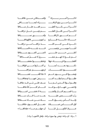 ‫)1(‬

‫واصـــــــدقاني مـــــــن تلهـــــــا‬

‫اذكـــــــرا مـــــــن زوج الزهــــــــ‬

‫ـ ــــــــراء كيم ــــــــا يتب ــــــــاهى‬
‫ـ‬
‫ـ‬
‫ـ‬

‫اذك ـــــرا ل ـــــي بك ـــــرة الطيـ ـــــ‬
‫ـ‬
‫ـ‬
‫ـ‬
‫ـ‬

‫ـــــــر فقــــــد طــــــار ســــــناها‬

‫اذكــــــرا لــــــي قلــــــل العلـــــــ‬

‫ـــــــم ومــــــن حــــــل ذراهــــــا‬

‫كـــــــــم امـــــــــور ذكراهـــــــــا‬

‫وأمـــــــــــــــور نســـــــــــــــياها‬

‫حـــــــــاله حالـــــــــة هـــــــــارو‬

‫ن لموســــــــــى فافهماهــــــــــا‬

‫ذكــــــره فــــــي كتــــــب اللـــــــ‬

‫ـــــــه دراهــــــا مــــــن دراهــــــا‬

‫أمتـــــــا موســـــــى وعيســـــــى‬
‫اّ‬

‫قـــــــــد بلتـــــــــه فاســـــــــألها‬

‫أعلـــــــــى حـــــــــب علـــــــــي‬

‫لمنـــــــي القـــــــوم ســـــــفاها‬

‫لــــــم يلــــــ ج اذ انهــــــم شعـــــــ‬

‫ـ ــــــري ل ص ــــــم صـــــــداها‬
‫اّ‬
‫ـ‬
‫تلَ‬
‫ـ‬

‫)2(‬

‫أهملــــــــــــوا قربــــــــــــاه جهل‬

‫وتخطــــــــــــوا مقتضــــــــــــاها‬

‫نكث ـــــــــوه بع ـــــــــد أيم ـــــــــا‬
‫ـ‬
‫ـ‬
‫ـ‬

‫ن أرغـــــــاروا مـــــــن قواهـــــــا‬
‫ـ‬
‫ـ‬
‫ ٍ‬

‫لعن ـــــــــــــــوه لعن ـــــــــــــــات‬
‫ـ‬
‫ـ‬

‫لزمتهــــــــــــــم بعراهــــــــــــــا‬

‫ ٍ‬
‫ومش ـــــوا ف ـــــي ي ـــــوم خ ـــــم‬
‫ـ‬
‫ـ‬
‫ـ‬
‫ـ‬

‫ل جل اــــــــــــ عشــــــــــــاها‬

‫طلبــــــوا الــــــدنيا وقــــــد أعـــــــ‬

‫ـ ـــــــرض عنه ـــــــا وجفاه ـــــــا‬
‫ـ‬
‫تلَ ـ‬
‫ـ‬

‫وهــــو لــــول الــــدين لــــم يــــأ‬

‫س ـــف عل ـــى م ـــن ق ـــد نفاه ـــا‬
‫ـ‬
‫ـ‬
‫تلَـ‬
‫ـ‬
‫ـ‬

‫واحتمـــــى عنهـــــا ولـــــو قـــــد‬

‫قــــــــام كلــــــــب فأدعاهــــــــا‬
‫ُ‬

‫ي ـــــا قس ـــــيم الن ـــــار والجنـ ـــــ‬
‫ـ‬
‫ـ‬
‫ـ‬
‫ـ‬

‫ــــــــة ل تخشـــــــى اشـــــــتباها‬

‫ردت الشـــــــــــمس عليـــــــــــه‬
‫ـ‬
‫ـ‬
‫اّ‬

‫بعــــــد مــــــا فــــــات ســــــناها‬

‫ولــــــه كــــــأس رســــــول الـــــــ‬

‫ـ ـــــله مــــــن شــــــاء س ـــــقاها‬
‫ـ‬
‫ـ‬

‫أول الن ــــــــــــاس صـــــــــــــلة‬
‫ـ‬

‫جعـــــــل التقـــــــوى حلهـــــــا‬
‫ـ‬

‫ع ــــــــرف التأوي ــــــــل لم ــــــــا‬
‫اّـ‬
‫ـ‬
‫تلَ‬
‫ـ‬

‫أن جهلتـــــم مـــــا » طحاهـــــا «‬

‫اذكـــــــــرا أمـــــــــر بـــــــــراة‬

‫__________________‬
‫1 ـ براة : اي براءة. ويعني بها سورة براءة ، ولعل الصوب ) براء (.‬

‫381‬

 