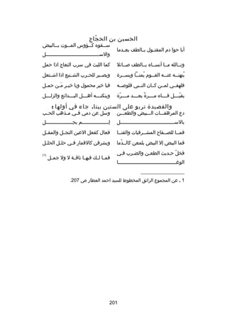 ‫الحسين بن الح جاج‬
‫اّ‬
‫أبا حوا دم المقتــول بــالطف بعــدما‬

‫س ــقوه ك ــؤوس الم ــوت ب ــالبيض‬
‫ـ‬
‫ـ‬
‫ـ‬
‫ـ‬
‫والســـــــــــــــــــــــــــــــــــــل‬

‫وتــالله مــا أنســاه بــالطف صــاكئل‬

‫كما الليث في سرب النعاج اذا حمل‬

‫ينهن ــه عن ــه الق ــوم يمن ــا ويس ــرة‬
‫ـ‬
‫ُ ـ‬
‫ـ‬
‫ـ‬
‫ُ ـ‬

‫ويصــبر للحــرب الشــنيع اذا اشــتعل‬

‫فلهفــي لمــن كــان النــبي قلوصــه‬

‫فيا خير محمول ويا خي ـر م ـن حم ـل‬
‫ـ‬
‫ـ تلَـ‬

‫يقبــــل فــــاه مــــرة بعــــد مــــرة‬
‫اّ‬
‫
ً‬
‫اّ‬

‫وينكت ـــه أه ـــل الب ـــداكئع والزلــــل‬
‫ـ‬
‫ـ‬
‫ـ‬

‫والقصيدة تربو على الستين بيتا. جاء في أولها :‬

‫دع المرهفـــات الـــبيض والطعـــن‬

‫وسل عن دمي فــي مــذهب الحــب‬

‫بالســــــــــــــــــــــــــــــــــــــل‬

‫ل ــــــــــــــــــم يح ــــــــــــــــــل‬
‫ا ِـ‬
‫ا ِـ‬

‫فمــا للصــفاح المشــرفيات والقنــا‬
‫ـ‬
‫ـ‬
‫ـ‬
‫ـ‬

‫فعال كفعل العين النجــل والمقــل‬

‫فما البيض إل البيض يلمعن كالــدما‬
‫ُ‬

‫ويشرقن كالقمار ف ـي حل ـل الحل ـل‬
‫ـ‬
‫ـ‬
‫ـ‬

‫فخل حـديث الطعـن والضـرب فـي‬
‫ـ‬
‫ـ‬
‫ـ‬
‫اّ ـ‬

‫)1(‬

‫الورغــــــــــــــــــــــــــــــــــــــــا‬

‫فمــا لــك فيهــا ناقــة ل ول جمــل‬

‫__________________‬
‫1 ـ عن المجموع الراكئق المخطوط للسيد احمد العطار ص 702.‬

‫102‬

 