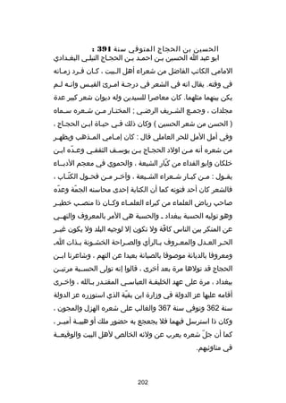 ‫الحسين بن الحجاج المتوفي سنة 193 :‬
‫ابو عبد ا الحسين بـن احمـد بـن الحجـاج النيلـي البغـدادي‬
‫المامي الكاتب الفاضل من شعراء أهل الـبيت ، كـان فـرد زمـانه‬
‫ـ‬
‫ـ‬
‫ـ‬
‫ـ‬
‫في وقته. يقال انه في الشعر في درج ـة ام ـرئ القي ـس وان ـه ل ـم‬
‫ـ ـ‬
‫ـ‬
‫ـ ـ‬
‫يكن بينهما مثلهما. كان معاصرا للسيدين وله ديوان شعر كبير عدة‬
‫مجلدات ، وجم ـع الش ـريف الرض ـي ; المخت ـار م ـن ش ـعره س ـماه‬
‫ـ‬
‫ـ‬
‫ـ ـ‬
‫ـ‬
‫ـ‬
‫ـ‬
‫) الحسن من شعر الحسين ( وكان ذلك فـي حيـاة ابـن الحجـاج ،‬
‫ـ‬
‫ـ‬
‫ـ‬
‫وفي أمل المل للحر العاملي قال : كان إم ـامي الم ـذهب ويظه ـر‬
‫ـ‬
‫ـ‬
‫ـ‬
‫من شعره أنه مـن اولد الحجـاج بـن يوسـف الثقفـي وعـده ابـن‬
‫اّ ـ‬
‫ـ‬
‫ـ‬
‫ـ ـ‬
‫ـ‬
‫خلكان وابو الفداء من كبار الشيعة ، والحموي في معجم الدبــاء‬
‫اّ‬
‫يق ـول : م ـن كب ـار ش ـعراء الش ـيعة ، وآخ ـر م ـن فح ـول الكت ـاب ،‬
‫اّـ‬
‫ـ‬
‫ـ ـ‬
‫ـ‬
‫ـ‬
‫ـ‬
‫ـ‬
‫ـ‬
‫فالشعر كان أحد فنونه كما أن الكتابة إحدى محاسنه الجمة وعده‬
‫اّ‬
‫اّ‬
‫صاحب رياض العلماء من كبراء العلم ـاء وك ـان ذا منص ـب خطي ـر‬
‫ـ‬
‫ـ‬
‫ـ‬
‫ـ‬
‫وهو توليه الحسبة ببغداد ـ والحسبة هي المر بالمعروف والنهــي‬
‫عن المنكر بين الناس كافة ول تكون إل لوجيه البلد ول يكون رغيــر‬
‫اّ‬
‫الحـر العـدل والمعـروف بـالرأي والصـراحة الخشـونة بـذات اـ‬
‫ـ‬
‫ـ‬
‫ـ‬
‫ـ‬
‫ـ‬
‫ـ‬
‫ـ‬
‫ومعروفا بالديانة موصوفا بالصيانة بعيدا عن التهم ، وشاعرنا ابــن‬
‫الحجاج قد تولها مرة بعد أخرى ، قالوا إنه تولى الحســبة مرتيــن‬
‫ببغداد ، مرة على عهد الخليفـة العباسـي المقتـدر بـالله ، واخـرى‬
‫ـ‬
‫ـ ـ‬
‫ـ‬
‫ـ‬
‫أقامه عليها عز الدولة في وزارة ابن بقية الذي استوزره عز الدولة‬
‫اّ‬
‫سنة 263 وتوفي سنة 763 والغالب على شعره الهزل والمجون ،‬
‫وكان ذا استرسل فيهما فل يجعجع به حضور ملك أو هيبــة أميــر ،‬
‫كما أن جل شعره يعرب عن ولكئه الخالص لهل البيت والوقيعــة‬
‫اّ‬
‫في مناوكئيهم.‬

‫202‬

 