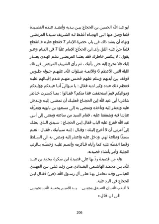 ‫ابو عبد ا الحسين بن الحجاج بي ـن ي ـديه وأنش ـد ه ـذه القص ـيدة‬
‫ـ‬
‫ـ ـ‬
‫ـ ـ‬
‫فلما وصل منها الـى الهجـاء أرغلـظ لـه الشـريف سـيدنا المرتضـى‬
‫ـ‬
‫ـ‬
‫ـ‬
‫ـ‬
‫ونهاه أن ينشد ذلك في باب حضرة المام 7 فقطع علي ـه ف ـانقطع‬
‫ـ ـ‬
‫فلما جن عليه الليل رأى إبن الحجاج المام عليا 7 في المنام وهـو‬
‫اّ‬
‫اّ‬
‫اّ‬
‫اّ‬
‫يقول : ل ينكسر خاطرك فقد بعثتـا المرتضـى علـم الهـدى يعتـذر‬
‫ـ‬
‫ـ‬
‫ـ‬
‫ـ‬
‫ـ‬
‫إليك فل تخرج إليه حتى يأتيك ، ثم رأى الشريف المرتضى في تلك‬
‫الليلة النبي العظم 6 والكئمـة صـلوات اـ عليهـم حـوله جلـوس‬
‫ـ‬
‫ـ‬
‫ـ‬
‫ـ‬
‫ـ‬
‫فوقف بين أيديهم وسلم عليهم فح ـس منه ـم ع ـدم إقب ـالهم علي ـه‬
‫ـ‬
‫ـ‬
‫ـ‬
‫ـ‬
‫ـ‬
‫فعظم ذلك عنده وكبر لديه فقال : يا م ـوالي أن ـا عب ـدكم وول ـدكم‬
‫ـ‬
‫اّ ـ ـ‬
‫ـ‬
‫ومواليكم فبم استحققت هذا منكم؟ فقـالوا : بمـا كسـرت خـاطر‬
‫ـ‬
‫ـ‬
‫ـ‬
‫ـ‬
‫تلَ‬
‫شاعرنا أبي عبد ا إبن الحج ـاج فعلي ـك أن تمض ـي إلي ـه وت ـدخل‬
‫ـ‬
‫ـ‬
‫ـ‬
‫ـ‬
‫ـ‬
‫عليه وتعتذر إليه وتأخذه وتمضي به إلى مسعود بن بابويه وتعرفه‬
‫اّ‬
‫عنايتنا فيه وشفقتنا عليه ، فقام السيد من ساعته ومضى إلى أب ـي‬
‫ـ‬
‫عبد ا فقرع عليه الباب فقال إبـن الحجـاج : سـيدي الـذي بعثـك‬
‫ـ‬
‫ـ‬
‫ـ‬
‫ـ‬
‫ـ‬
‫إلي أمرني أن ل أخرج إلي ـك ؛ وق ـال : إن ـه س ـيأتيك ، فق ـال : نع ـم‬
‫ـ‬
‫ـ‬
‫ـ‬
‫ـ‬
‫ـ‬
‫ـ‬
‫اّ‬
‫سمعا وطاعة لهم. ودخل عليه واعتذر إليه ومضى به الى الســلطا‬
‫وقصا القصة عليه كما رأياه ف ـأكرمه وأنع ـم علي ـه وخص ـه ب ـالرتب‬
‫اّـ ـ‬
‫ـ‬
‫ـ‬
‫ـ‬
‫اّ‬
‫الجليلة وأمر بأنشاد قصيدته.‬
‫وله من قصيدة رد بها على قصيدة ابن سكرة محمد بن عبــد‬
‫اّ‬
‫اـ بـن محمـد الهاشـمي البغـدادي مـن ولـد علـي بـن المهـدي‬
‫ـ‬
‫ـ ـ‬
‫ـ‬
‫ـ‬
‫ـ‬
‫ـ‬
‫ـ‬
‫ـ‬
‫العباسي وقـد تحامـل بهـا علـى آل رسـول اـ )ص( فقـال ابـن‬
‫ـ‬
‫ـ‬
‫ـ‬
‫ـ‬
‫الحجاج في الرد عليه.‬
‫ل أكــذب اــ إن الصــدق ينجينــي‬

‫يـــد الميـــر بحمـــد اـــ تحيينـــي‬

‫الى ان قال :‬

‫602‬

 