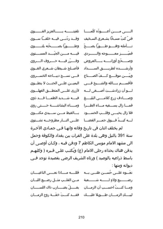 ‫الــــــى مــــــن أعــــــوذه كلمــــــا‬
‫اّ اّ‬

‫تلقيتـــــــه بـــــــالعزيز القـــــــوي‬

‫فتى كنت مس ـخا بش ـعري الس ـخيف‬
‫ـ‬
‫ـ‬
‫ـ‬
‫ُ‬
‫
ً‬

‫وقـــد ردنـــي فيـــه خلقـــا ســـوي‬
‫اّ‬

‫اّ‬
‫تـــــأملته وهـــــو طـــــورا يصـــــح‬

‫وطـــــــورا بصـــــــحته يلتـــــــوي‬
‫اّ‬

‫فميـــــــز معـــــــوجه والـــــــردي‬
‫اّ‬

‫في ــــه م ــــن الجي ــــد المس ــــتوي‬
‫ـ‬
‫اّـ‬
‫ـ‬
‫ـ‬

‫وصـــــحح أوزانـــــه بـــــالعروض‬
‫ـ‬
‫اّ‬
‫ـ‬

‫وقــــرر في ــــه حــــروف الــــروي‬
‫ـ‬
‫ـ‬
‫ـ اّ ـ‬

‫وأرشــــــده لطريــــــق الســــــداد‬

‫فأصــلح شــيطان شــعري الغــوي‬
‫ـ‬
‫ـ‬
‫ـ‬
‫ـ‬

‫وبي ــــن موق ــــع ك ــــف الصـــــناع‬
‫اّ‬
‫ـ‬
‫ـ‬
‫اّـ‬

‫فـــي نســـ ج ديبـــاجه الخســـروي‬

‫فأقســــم بــــالله والشــــيخ فــــي‬

‫اليميـــن علـــى الحنـــث ل ينطـــوي‬

‫لــــو أن زرادشــــت أصــــغى لــــه‬

‫لزرى علــــى المنطــــق الفهلــــوي‬

‫وصـــــادف زرع كلمـــــي البليـــــغ‬

‫فيــــه شــــديد الظمــــا قــــد ذوي‬

‫فمــــا زال يســــقيه مــــاء الطــــرا‬

‫ومـــــاء البشاشـــــة حـــــتى روي‬

‫فل زال يحيــــى وقلــــب الحســــود‬

‫بــــالغيظ مــــن ســــيدي مكتــــوي‬

‫لــــه كبــــد فــــوق جمــــر الغضــــا‬
‫ل ٌ‬

‫علـــى النـــار مطروحـــه تشـــتوي‬
‫ـ‬
‫ـ‬
‫ـ‬
‫ـ‬

‫لم يختلف اثنان في تاريخ وفاته وانهـا فـي جمـادي الخـرة‬
‫ـ‬
‫ـ‬
‫ـ ـ‬
‫سنة 193 بالنيل وهي بلدة على الفرات بين بغداد والكوفة وحمل‬
‫الى مشهد المام موسى الكاظم 7 ودفن في ـه ، وك ـان أوص ـى أن‬
‫ـ‬
‫ـ‬
‫ـ‬
‫يدفن هناك بحذاء رجلي المام )ع( ويكت ـب عل ـى ق ـبره ) وكلبه ـم‬
‫ـ‬
‫ـ‬
‫ـ‬
‫ُ ـ‬
‫باسط ذراعيه بالوصيد ( ورثاه الشريف الرضي بقصيدة توجد فــي‬
‫ديوانه ومنها :‬
‫نعـــوه علـــى حســـن ظنـــي بـــه‬
‫ُ‬
‫تلَ‬

‫فللـــــه مـــــاذا نعـــــى الناعيـــــان‬

‫رضـــــــيع ولء لـــــــه شـــــــعبة‬
‫ ٍ‬

‫مـــن القلـــب مثـــل رضـــيع اللبـــان‬

‫ومـــا كنـــت احســـب أن الزمـــان‬
‫ـ‬
‫ـ‬
‫ـ ُ‬
‫ـ‬

‫يفـــــل بضـــــارب ذاك اللســـــان‬
‫ـ‬
‫اّ ـ‬
‫ـ‬

‫ليبــــك الزمــــان طــــويل عليــــك‬
‫ا ِ‬

‫فق ـــد كن ـــت خف ـــة روح الزم ـــان‬
‫ـ‬
‫ـ تلَ تلَـ‬
‫ـ‬

‫012‬

 
