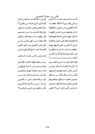 ‫علي بن حماد العبدي‬

‫ا ِ‬
‫للـــه مـــا صـــنعت فينـــا يـــد الـــبين‬

‫ا ِ‬
‫كم من حشا أقرحت منا وم ـن عي ـن‬
‫ـ‬

‫م ـــالي ولل ـــبين؟ ل أهل 
ً بطلعتـــه‬
‫ـ‬
‫ـ‬
‫ـ‬

‫كم فـرق الـبين قـدما بيـن إلفيـن؟!‬
‫ا ِ‬
‫ـ‬
‫ـ‬
‫ـ‬
‫اّ‬

‫كانـا كغصـنين فـي أصـل رغـذاؤهما‬
‫ ٍ‬

‫م ـاء النعي ـم وف ـي التش ـبيه ش ـكلين‬
‫ـ‬
‫ـ‬
‫ـ‬
‫ـ‬
‫ـ‬

‫كــأن روحيهمــا مــن حســن إلفهمــا‬
‫اّ‬

‫روح وقد قس ـمت م ـا بي ـن جس ـمين‬
‫ـ‬
‫ـ ـ‬
‫اّـ‬

‫ل عذل بينهم ـا ف ـي حف ـظ عه ـدهما‬
‫ـ‬
‫ـ‬
‫ـ ـ‬

‫ول يزيلهمـــــا لـــــوم العـــــذولين‬

‫ل يطمـع الـدهر فـي تغييـر ودهمـا‬
‫اّ ـ‬
‫ـ‬
‫ـ‬
‫ـ ـ‬

‫ا ِ‬
‫ول يميلن مـــن عهـــد إلـــى ميـــن‬
‫تلَ‬
‫ ٍ‬

‫حـتى إذا أبصـرت عيـن النـوى بهمـا‬
‫ـ‬
‫ـ‬
‫ـ‬
‫ـ‬
‫ـ‬

‫خلين فـي العيـش مـن هـم خلييـن‬
‫اّ‬
‫ـ‬
‫ـ‬
‫ا ِ اّ‬

‫ ٍ‬
‫رماهمــــا حســــدا منــــه بداهيــــة‬

‫فأصـبحا بعـد جمـع الشـمل ضـدين‬
‫اّ‬
‫ـ‬
‫ـ‬

‫فــي الشــرق هــذا وذا فــي الغــرب‬
‫منتئي ــــــــــــــــــــــــــــــــــــــــا‬
‫ـ‬

‫مش ـــردين عل ـــى بع ـــد ش ـــجيين‬
‫ـ اّ‬
‫ُ ـ‬
‫ـ‬
‫ـ اّ‬

‫وال ــدهر أحس ــد ش ــيء للقري ــبين‬
‫ـ‬
‫ـ‬
‫ـ‬
‫ـ‬

‫يرمـــي وصـــالهما بالبعـــد والـــبين‬

‫ ٍ‬
‫ل تــأمن الــدهر إن الــدهر ذو رغيــر‬

‫وذو لســانين فــي الــدنيا ووجهيــن‬

‫أخنـى علـى عـترة الهـادي فشـتتهم‬
‫اّ‬
‫ـ‬
‫ـ‬
‫ـ‬
‫ـ‬

‫فم ـا ت ـرى جامع ـا منه ـم بشخص ـين‬
‫ـ‬
‫ـ‬
‫ـ‬
‫ـ ـ‬

‫كأنمـــــا الـــــدهر آل أن يبـــــددهم‬
‫اّ‬
‫اّ‬

‫كعـــاتب ذي عنـــاد أو كـــذي ديـــن‬

‫بعــض بطيبــة م ــدفون وبعضــهم‬
‫ـ‬
‫ـ‬
‫ـ‬
‫ـ‬

‫بكـــــربلء وبعـــــض بـــــالغريين‬
‫اّ‬

‫وأرض طوس وسامرا وق ـد ض ـمنت‬
‫ـ‬
‫اّ ـ‬

‫بغــداد بــدرين حل وســط قــبرين‬
‫ـ‬
‫ـ‬
‫ـ‬
‫ـ‬

‫يا سادتي ألمن أبكي أسى؟! ولمن‬
‫
ً‬

‫أبكي بحفنين من عينــي قريحيــن؟!‬

‫212‬

 