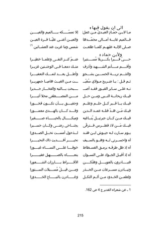 ‫الى ان يقول فيها :‬

‫مــا لبــن حمــاد العبــدي مــن عمل‌‬
‫اّ‬
‫اّ  ٍ‬

‫إل تمســـــكه بـــــالميم والعيـــــن‬
‫اّ‬

‫فـــالميم رغايـــة آمـــالي محمـــدها‬
‫اّ‬

‫والعيــن أعنــي عليــا قــرة العيــن‬
‫اّ‬

‫صــلى اللــه عليهــم كلمــا طلعــت‬

‫)1(‬

‫ولبن حماد :‬

‫شمس وما رغربت عند العشــاكئين‬

‫حــــي قــــبرا بكــــربل مســــتنيرا‬
‫ُ ـ‬
‫ـ‬
‫اّ ـ‬
‫ـ‬

‫ضــم كنــز التقــى وعلمــا خطيــرا‬
‫ـ‬
‫ـ‬
‫ـ‬
‫ـ اّ ـ‬

‫وأقـــــم مـــــأتم الشـــــهيد وأذرف‬

‫منــك دمعــا فــي الوجنــتين رغزيــرا‬

‫ ٍ‬
‫والتث ـــم ترب ـــة الحس ـــين بش ـــجو‬
‫ـ‬
‫ـ‬
‫ـ‬
‫ـ‬

‫وأطــــل بعــــد لثمــــك التعفيــــرا‬

‫ثــم قــل : يــا ضــريح مــولي سقيـــ‬
‫ُ اّ‬

‫ـــت مــن الغيــث هاميــا جمهريــرا‬

‫تــه علــى ســاير القبــور فقــد أصـــ‬

‫ـ ـــبحت ب ـــالتيه والفخ ـــار ج ـــديرا‬
‫ـ‬
‫ـ‬
‫ـ‬
‫ـ‬

‫فيـــك ريحانـــة النـــبي ومـــن حـــل‬

‫مـــــن المصـــــطفى محل أثيـــــرا‬

‫فيـــك يـــا قـــبر كـــل حلـــم وعلـــم‬

‫وحقيــــق بــــأن تكــــون فخــــورا‬

‫فيــك مــن هــد قتلــه عمــد الــدين‬
‫اّ‬
‫تلَ‬

‫وقــــد كــــان بالهــــدى معمــــورا‬

‫فيـــك مـــن كـــان جبركئيـــل ينـــارغيه‬
‫ُ‬

‫وميكــــــال بالحبــــــاء صــــــغيرا‬

‫فيـــك مـــن لذ فطـــرس فـــترقى‬
‫اّ‬
‫تلَ‬

‫بجنـــاحي رضـــى وكـــان حســـيرا‬

‫يــوم ســارت لــه جيــوش ابــن هنــد‬

‫لـــذحول أمســـت تحـــل الصـــدورا‬

‫آه واحس ــرتي ل ــه وه ــو بالس ــيف‬
‫ـ‬
‫ـ‬
‫ـ‬
‫ـ‬

‫نحيــــــر أفــــــديت ذاك النحيــــــرا‬

‫آه إذ ظل طرفــه يرمــق الفســطاط‬

‫خوفــــا علــــى النســــاء رغيــــورا‬

‫آه إذ أقبــل الجــواد علــى النســوان‬

‫ينعـــــــاه بالصـــــــهيل عفيـــــــرا‬

‫فتبـــــادرون بالعويـــــل وهتكـــــن‬
‫اّ‬

‫القـــــراط بـــــارزات الشـــــعورا‬
‫ـ‬
‫ـ‬
‫ـ‬

‫وتبـــادرن مســـرعات مـــن الحـــذر‬

‫وم ـــن قب ـــل مس ـــبلت الس ـــتورا‬
‫ـ‬
‫ـ ُ ُ ـ‬
‫ـ‬

‫ولطمــن الخــدود مــن ألــم الثكــل‬

‫ورغــــــادرن بالنيــــــاح الخــــــدورا‬

‫__________________‬
‫1 ـ عن شعراء الغدير ج 4 ص 261.‬

‫512‬

 