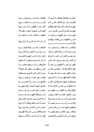 ‫خصـــه ذو العل بفاطمـــة عرســـا‬
‫اّ‬

‫وأعطــــــاه شــــــبرا وشــــــبيرا‬
‫ـ‬
‫ـ‬
‫ـ‬

‫وهــم بــاب ذي الجلل علــى آدم‬
‫ـ‬
‫ـ ـ‬

‫فارت ـــــــد ذنب ـــــــه مغف ـــــــورا‬
‫ـ‬
‫ـ‬
‫ـ‬

‫وبهــم قــامت الســماء ولــولهم‬
‫ـ‬
‫ـ‬
‫ـ‬
‫ـ‬

‫لكــــــادت بأهله ـــــا أن تمــــــورا‬
‫ـ‬

‫وبهـــم باهـــل النـــبي فقـــل لـــي‬

‫ألهـم فـي الـورى عرفـت نظيـرا؟!‬
‫ـ‬
‫ـ‬
‫ـ‬
‫ـ ـ‬

‫فيهــــم أنــــزل المهيمــــن قرآنــــا‬

‫عظيمـــــا وذاك جمـــــا خطيـــــرا‬
‫اّ‬

‫فــــي الطواســــين والحــــواميم‬
‫ـ‬
‫ـ‬
‫ـ‬
‫والرحمــــــــــــــــــــــــــــــــــن‬

‫آيـــا مـــا كـــان فـــي الـــذكر زورا‬

‫وخلقنـــــــاه نطفـــــــة نبتليـــــــه‬

‫فجعلنـــــاه ســـــامعا وبصـــــيرا‬
‫ـ‬
‫ـ‬
‫ـ‬

‫لبيــــــان إذا تــــــأمله العــــــارف‬

‫يب ــــدي ل ــــه المق ــــام الك ــــبيرا‬
‫ـ‬
‫ـ‬
‫ـ‬
‫ـ‬

‫ثم تفس ـير ه ـل أت ـى في ـه ي ـا ص ـاح‬
‫ـ ـ ـ‬
‫ـ ـ‬
‫ـ‬

‫قــل لــه إن كنــت تفهــم التفســيرا‬

‫إن الب ــــرار يش ــــربون بك ــــأس‬
‫ـ‬
‫ـ‬
‫ـ‬

‫ك ـــان عن ـــدي مزاجه ـــا ك ـــافورا‬
‫ـ‬
‫ـ‬
‫ـ‬
‫ـ‬

‫فلهــــم أنشــــأ المهيمــــن عينــــا‬

‫فجروهــــــا لــــــديهم تفجيــــــرا‬
‫اّ‬

‫وهــداهم وقــال : يوفــون بالنــذر‬

‫فمـــن مثلهـــم يـــوفي النـــذورا؟!‬

‫ويخــــافون بعــــد ذلــــك يومــــا‬

‫ش ـره كــان فــي الــورى مســتطيرا‬
‫اّ‬

‫فوق ـــاهم إلهه ـــم ذل ـــك الي ـــوم‬
‫ـ‬
‫ـ‬
‫ـ‬
‫ـ‬

‫ويلقــــــون نضــــــرة وســــــرورا‬

‫وجزاهـم بـأنهم صـبروا فـي السـر‬

‫والجهـــــــر جنـــــــة وحريـــــــرا‬
‫
ً‬

‫ف ـــاتكوا م ـــن عل ـــى الراكئـــك ل‬
‫ـ‬
‫ـ‬
‫ـ‬
‫ـ‬

‫يلقــون فيهــا شمســا ول زمهريــرا‬

‫وأوان وقـــــد أطيفـــــت عليهـــــم‬
‫ ٍ‬

‫سلســــــبيل مقــــــدر تقــــــديرا‬
‫اّ ـ‬
‫ـ‬
‫ـ‬

‫وبــــــأكواب فضــــــة وقــــــوارير‬
‫اّ‬

‫قــــــدروها عليهــــــم تقــــــديرا‬
‫اّ‬

‫وبكـــأس قـــد مـــازجت زنجـــبيل‬

‫لــذة الشــاربين تشــفي الصــدورا‬
‫اّ‬

‫وإذا مـــــا رأيـــــت ثـــــم نعيمـــــا‬

‫داكئمــــا عنــــدهم وملكــــا كــــبيرا‬

‫وعليه ـم فيه ـا ثي ـاب م ـن الس ـندس‬
‫ـ‬
‫ـ‬
‫ـ ـ‬
‫ـ‬

‫خض ــر فــي الحشــر تلمــع ن ــورا‬
‫ـ ـ‬
‫ـ‬
‫ـ ـ‬

‫ويحلــــــون بالســــــاور فيهــــــا‬
‫اّ‬

‫وســـقاهم ربـــي شـــرابا طهـــورا‬

‫وروى لــي عبــد العزيــز الجلــودي‬

‫وقــــد كــــان صــــادقا مــــبرورا‬

‫812‬

 