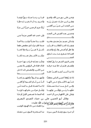 ‫ونحــن علــى نــور مــن ا ـ واضــح‬

‫فيـــا رب زدنـــا منـــك نـــورا وثبتنـــا‬

‫وظـــن ابـــن حمـــاد جميـــل بربـــه‬
‫تلَ‬
‫اّ‬

‫وأحــرى بــه أن ل يخيــب لــه ظنــا‬
‫اّ‬

‫بنــى المجــد لــي ش ـن بــن أقصــى‬
‫اّ‬
‫فحزتــــــــــــــــــــــــــــــــــــــه‬
‫وحســبي بعــد القيــس فــي المجــد‬
‫والـــــــــــــــــــــــــــــــــــــــدي‬

‫تراثا جزى الرحم ـن خي ـرا أب ـي ش ـنا‬
‫اّ‬
‫ـ ـ‬
‫ـ‬
‫ُ‬
‫ولي حسب عبد القيس مرتب ـة تبن ـى‬
‫
ً ـ‬

‫وخــالي تميــم تــم مجــدي بفخــره‬
‫اّ‬

‫فنلــت بــذا مجــدا ونلــت بــذا أمنــا‬

‫ودونــــك لمــــا للقلكئــــد هــــذبت‬
‫اّ‬

‫مديحا فلم تترك لذي مطمعن طعنا‬

‫ول ظل أو أضــحى ول راح وارغتــدى‬

‫تأمــــل ل عيــــن تــــراه ول لحنــــا‬
‫ل ٌ‬

‫فصــاحة شــعري مــذ بــدت لــذوي‬
‫الحجـــــــــــــــــــــــــــــــــــــى‬

‫تمثلــــت الشــــعار عنــــده لكنــــا‬
‫اّ‬

‫وخي ـر فن ـون الش ـعر م ـا رق لفظ ـه‬
‫ـ‬
‫اّ‬
‫ـ‬
‫ـ‬
‫ـ ـ‬

‫وجلــت معــانيه فــزادت بتهــا حســنا‬
‫اّ‬

‫وللشــعر علــم إن خل منــه حرفــه‬

‫فذاك هذاء في الرؤوس بل معنــى‬

‫إذا م ــا أدي ــب أنش ــد الغ ــث خلت ــه‬
‫ـ اّ ـ‬
‫ـ‬
‫ـ‬
‫ـ‬

‫مــن الكــرب والتنغيــص قــد ادخــل‬
‫الســــــــــــــــــــــــــــــــــــــجنا‬

‫إذا ما رأوها أحس ـن الن ـاس منطق ـا‬
‫ـ‬
‫ـ‬
‫ـ‬

‫وأثبته ـــم ق ـــول 
ً وأطيبه ـــم لحن ـــا‬
‫ـ‬
‫ـ‬
‫ـ‬
‫ـ‬

‫تلـــذ بهـــا الســـماع حـــتى كأنهـــا‬
‫اّ‬

‫ألــذ مــن أيــام الشــبيبة أو أهنــى‬
‫ـ‬
‫ـ‬
‫ـ‬
‫ـ اّ ـ‬

‫وفـــي كـــل بيـــت لـــذة مســـتجدة‬
‫اّ‬

‫إذا مــا انتشــاه قيــل يــا ليتــه ثنــى‬
‫اّ‬

‫تقبلهــــا ربــــي ووفــــى ثوابهــــا‬
‫ـ‬
‫اّـ‬
‫اّـ‬
‫اّ ـ‬

‫وثق ـــل ميزان ـــي بخيراته ـــا وزن ـــا‬
‫ـ‬
‫ـ‬
‫ـ‬
‫اّـ‬

‫وصلى على الطهــار م ـن آل احم ـد‬
‫ـ‬
‫ـ‬
‫اّ‬

‫إله السما ما عسـعس الليـل أو جنـا‬
‫اّـ‬
‫ـ‬
‫ـ‬

‫وقال أبو الحسن علي بن حماد العبدي البصري‬
‫هــل فــي ســؤالك رســم عليا صلوات ا عليه :‬
‫يمدح امير المؤمنين‬
‫المنــزل‬
‫الخــــــــــــــــــــــــــــــــــــــرب‬
‫ا ِ‬
‫أم حــره يــوم وشــك الــبين يــبرده‬

‫برء لقلب ـك م ـن داء اله ـوى الوص ـب‬
‫ـ‬
‫ـ‬
‫ـ‬
‫ـ‬

‫مــا اســتحدرته النــوى مــن دمعــك‬

‫132‬

 