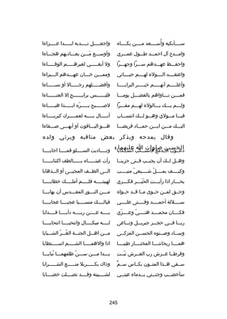 ‫ُ‬
‫سسسسسأبكيه وأسسسسسعد مسسسسن بكسسسساه‬

‫واجعسسسسسل نسسسسسدبه ابسسسسسدا عسسسسسزاءا‬

‫وامسسسدح آل احمسسسد طسسسول عمسسسري‬

‫وأوسسسسع مسسسن يعسسساديهم هجسسساءا‬
‫َ‬

‫واحفسسسظ عهسسسدهم سسسسرا وجهسسسرا‬

‫ول أبغسسسسسي لغيرهسسسسسم الوفسسسسساءا‬

‫واعتقسسسسد السسسسولء لهسسسسم حيسسسساتي‬

‫وممسسسن خسسسان عهسسسدهم السسسبراءا‬
‫س‬
‫س‬
‫س‬
‫س‬

‫وأعلسسسسسم أنهسسسسسم خيسسسسسر البرايسسسسسا‬

‫وأفضسسسسسلهم رجسسسسسال أو نسسسسسساءا‬
‫س‬
‫س‬
‫س‬

‫فم سسسن ن سسساواهم بالفض سسسل يوم سسسا‬
‫س‬
‫س‬
‫س‬
‫س‬

‫فليسسسسسسس برابسسسسسسح إل العنسسسسسساءا‬
‫س‬
‫ ٍ‬
‫س‬
‫س‬

‫ولسسسم يسسسك بسسسالولء لهسسسم مقسسسرا‬
‫س اّ‬
‫س‬
‫س‬
‫س‬
‫س‬

‫لبصسسسسسبح بسسسسسره ابسسسسسدا هبسسسسساءا‬
‫اّ‬

‫فيسسسا مسسسولي وهسسسو لسسسك انتسسسساب‬

‫أنسسسسسال بسسسسسه لعمسسسسسرك كبريسسسسساءا‬

‫اليسسسك مسسسن ابسسسن حمسسساد قريضسسسا‬

‫هسسسو اليسسساقوت أو أبهسسسى بصسسسفاءا‬

‫وقال يمدحه ويذكر بعض مناقبه ويرثي ولده‬
‫دعسسوت السسدمع فانسسسكب انسسسكابا :‬
‫الحسين بصلوات ا عليهما‬

‫ون سسسساديت الس سسسسلو فم سسسسا اجاب سسسسا‬
‫س‬
‫س‬
‫س‬
‫س‬

‫وهسسل لسسك أن يجيسسب فسستى حزينسسا‬

‫رأت عينسسسسسساه بسسسسسسالطف اكتئابسسسسسسا‬

‫وكيسسسسف يمسسسسل شسسسسيعي منيسسسسب‬
‫اّ س‬
‫اّ س‬
‫س‬
‫س‬

‫السسسى الطسسسف المجيسسسئ أو السسسذهابا‬

‫يحسسسسار اذا رأيسسسست الحيسسسسر فكسسسسري‬
‫ََ‬

‫لهيبتسسسسسه فلسسسسسم أملسسسسسك خطابسسسسسا‬

‫وحسسق لمسسن حسسوى مسسا قسسد حسسواه‬

‫مسسسن النسسسور المقسسسدس أن يهابسسسا‬
‫س‬
‫س‬
‫س‬
‫س‬

‫سسسسسللة أحمسسسسد وفسسسستى علسسسسي‬
‫س‬
‫س‬
‫س‬
‫س‬

‫فيالسسسسك منسسسسسبا عجبسسسسا عجابسسسسا‬

‫فكسسسسان محمسسسسد هنسسسسي وعسسسسزي‬
‫اّ‬
‫اّ‬

‫بسسسسه ع سسسسن ربسسسسه دأب سسسسا فسسسسدابا‬
‫س‬
‫س‬
‫س‬
‫س‬
‫س‬

‫ربسسسا فسسسي حجسسسر جبريسسسل ونسسساعى‬

‫ل سسسسه ميك سسسسال وانتحب سسسسا انتحاب سسسسا‬
‫س‬
‫س‬
‫س‬
‫س‬

‫وسسساد وبصسسنوه الحسسسن المزك سسى‬
‫س‬
‫س‬
‫س‬
‫س‬

‫مسسسن اهسسسل الجنسسسة الغسسسر الشسسسبابا‬
‫ُ اّ‬

‫همسسسسا ريحانتسسسسا المختسسسسار طيبسسسسا‬

‫اذا والهمسسسسسا الشسسسسسم اسسسسسستطابا‬

‫وقرطسسا عسسرش رب العسسرش تبسست‬
‫اّ‬

‫يسسسدا مسسسن سسسسناّ ظلمهمسسسا تبابسسسا‬
‫ُ‬

‫ٍّ‬
‫سسسقي هسسذا المنسسون بكسساس سسسم‬

‫وذاك بك سسسسسربل من سسسسسع الش سسسسسرابا‬
‫س‬
‫س‬
‫س‬

‫سأخضسسسب وجنسسستي بسسسدماء عينسسسي‬

‫لشسسسسيبته وقسسسسد نصسسسسلت خضسسسسابا‬

‫542‬

 