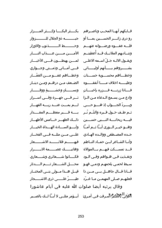 ‫فسسابكهم أيهسسا المحسسب ونابصسسرهم‬
‫س‬
‫س‬
‫س‬
‫س‬

‫بكسسسسسثر البكسسسسسا وكسسسسسثر المسسسسسزار‬

‫رو درى زائسسسسر الحسسسسسين بمسسسسا أو‬

‫جبسسسسسسسسسسه ذو الجلل للسسسسسسسسسسزوار‬

‫فلسسسسه عفسسسسوه ورضسسسسوانه عنهسسسسم‬

‫وحسسسسسسسسسسط السسسسسسسسسسذنوب والوزار‬

‫ُ‬
‫وتنسسساديهم الملئسسسك قسسسد أعطيتسسسم‬

‫المسسسسسن مسسسسسن عسسسسسذاب النسسسسسار‬

‫ويقسسول اللسسه جسسل اسسسمه العلسسى‬
‫اّ‬

‫لمسسسسن يهبطسسسسون فسسسسي الخبسسسسار‬

‫بشسسسسسسروهم بسسسسسسأنهم أوليسسسسسسائي‬

‫فسسسي أمسسساني وذمسسستي وج سسسواري‬
‫س‬
‫س‬
‫س‬
‫س‬

‫وخطسسسساهم محسسسسسوبة حسسسسسنات‬

‫وخطسسسساهم عفسسسسو مسسسسن الغفسسسسار‬
‫اّ‬

‫وعليسسسسسسه اخلف مسسسسسسا أنفقسسسسسسوه‬

‫الضسسعف مسسن درهسسم ومسسن دينسسار‬

‫ ٍ‬
‫فسسسسساذا زرتسسسسسه فسسسسسزره بإخبسسسسسات‬

‫ونسسسسسسسسك وخشسسسسسسسية ووقسسسسسسسار‬
‫ ٍ‬
‫ ٍ‬

‫وادع مسسن يسسسمع السسدعاء مسسن السسزا‬

‫ئسسسر فسسسي جهسسسرة وفسسسي اسسسسرار‬

‫ويسسسسرد الجسسسسواب إذ هسسسسو حسسسسي‬
‫اّ‬

‫لسسسسم يمسسسست عنسسسسد ربسسسسه القهسسسسار‬

‫ثسسم طسسف حسسول قسسبره والتثسسم تسسر‬
‫ُ‬
‫اّ‬

‫بسسسسسة قسسسسسبر معظسسسسسم المقسسسسسدار‬

‫فيسسسسه ريحانسسسسة النسسسسبي حسسسسسين‬
‫س‬
‫س‬
‫س‬
‫س‬

‫ذل سسسك الطه سسسر خ سسسامس الطه سسسار‬
‫س‬
‫س‬
‫س‬
‫س‬

‫وهسسسو خيسسسر السسسورى أبسسسا ثسسسم أمسسسا‬

‫وأبسسسسو السسسسسادة الهسسسسداة الخيسسسسار‬

‫جسسده المصسسطفى ووالسسده الهسسادي‬

‫علسسسي مسسسن مثلسسسه فسسسي الفخسسسار‬

‫وأنسسا الشسساعر ابسسن حمسساد النسساظم‬

‫فيهسسسسسسسسم قلئسسسسسسسسد الشسسسسسسسسعار‬

‫ق سسسد تمس سسسكت فيه سسسم ب سسسالموالة‬
‫س‬
‫س‬
‫س‬
‫س‬

‫وهاتي سسسسسسك عص سسسسسسمة الب سسسسسسرار‬
‫س‬
‫س‬
‫س‬

‫وتغسسذيت فسسي هسسواهم وفسسي السسود‬

‫فكسسسسسانوا شسسسسسعائري وشسسسسسعاري‬

‫س سيط لحم سي بلحمه سم ودم سي فه سو‬
‫س‬
‫س‬
‫س‬
‫س‬
‫س‬

‫محسسسسسل الشسسسسسعار ثسسسسسم السسسسسدثار‬

‫فسسساذا قسسسال جاهسسسل بسسسي مسسسن ذا‬

‫قيسسسل هسسسذا مسسسولى بنسسسي المختسسسار‬

‫فعليهسسم بصسسلى المهيمسسن مسسا غسسرد‬
‫اّ‬

‫طيسسسسسسرُ علسسسسسسى ذرى الشسسسسسسجار‬

‫وقال يرثيه أيضا بصلوات ا عليه في أيام عاشورا‬
‫من المحرم :‬

‫أآمرتي بالص سبر أس سرفت ف سي أم سري‌‬
‫س‬
‫س‬
‫س‬
‫س‬

‫أيسسسؤمر مثلسسسي ل أبسسسا لسسسك بالصسسسبر‬

‫352‬

 