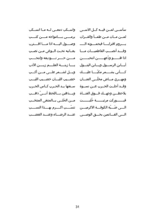 ‫سآسصصصي لمصصصن فيصصصه ك صصل السصصصى‬
‫ص‬

‫واسصصكب دمعصصي لصصه مصصا انسصصكب‬

‫لمصصصن مصصصات مصصصن ظمصصصأ والفصصصرات‬

‫يرم صصصصي ب صصصصامواجه م صصصصن كث صصصصب‬
‫ص‬
‫ص‬
‫ص‬
‫ص‬

‫يصصصصروم اقترابصصصصا فيحمصصصصونه الصصصصص‬

‫وصصصصصول اليصصصصه اذا مصصصصا اقصصصصترب‬
‫ص‬
‫ص‬
‫ص‬
‫ص‬

‫وقصصصصد أنصصصصصب الفاطميصصصصات مصصصصا‬

‫يعصصانيه تحصصت الصصوغى مصصن نصصصب‬

‫اذا ه صصصصصصو ودعه صصصصصصن انتحب صصصصصصن‬
‫ص‬
‫دّ ص‬
‫ص‬

‫مصصصصصن حصصصصصر تصصصصصوديعه وانتحصصصصصب‬

‫أيصصصابن الرسصصصول ويصصصابن البتصصصول‬
‫ص‬
‫ص‬
‫ص‬
‫ص‬

‫ي صصصصا دزين صصصصة العل صصصصم دزي صصصصن الدب‬
‫ص‬
‫ص‬
‫ص‬
‫ص‬

‫كصصصصصأني بشصصصصصمر مكبصصصصصا عليصصصصصك‬
‫دّ‬

‫ويصصصل لشصصصمر علصصصى مصصصن أكصصصب‬
‫ص‬
‫ص‬
‫ص‬
‫ص‬
‫ص‬

‫ومهصصصري مصصصاض مخلصصصى العنصصصان‬
‫دّ‬

‫خضصصصيب اللب صصصان خض صصصيب اللبصصصب‬
‫ص‬
‫ص‬
‫ص‬
‫ص‬

‫وق صصد أجل صصت الح صصرب ع صصن نس صصو ة‬
‫ص‬
‫ص‬
‫ص‬
‫ص‬
‫ص‬

‫سصصقتها يصصد الحصصرب كصصاس الحصصرب‬

‫يلحظصصصن وجهصصصك فصصصوق القنصصصا ة‬

‫وي صصصذهبن ب صصصاللحظ أن صصصى ذه صصصب‬
‫ص دّ ص‬
‫ص‬
‫ص‬

‫فبصصصصصصصوركت مرثيصصصصصصصة حليصصصصصصصت‬
‫
ُ‬

‫مصصصن الحلصصصي بصصصالمنتقى المنتخصصصب‬
‫َ‬

‫الصصصصى ضصصصصبة الكوفصصصصة الكرميصصصصن‬
‫َ دّ‬

‫تنس صصصصب اك صصصصرم به صصصصذا النس صصصصب‬
‫ص‬
‫ص‬
‫ص‬
‫دّص‬

‫ال صصصى الق صصصائمين بح صصصق الوص صصصي‬
‫ص‬
‫ص‬
‫ص‬
‫ص‬

‫عنصصصصد الرضصصصصاء وعنصصصصد الغضصصصصب‬

‫13‬

 