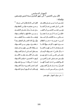 ‫المهيار الدسليمي‬
‫قال يرثي الحسين 7 في شهر المحرم س سنة اثن ستين وتس سعين‬
‫س‬
‫س‬
‫س‬
‫وثلثمائة :‬
‫)1(‬

‫مِ‬
‫مشسسسين لنسسسا بيسسسن ميسسسل وهيسسسف‬
‫ ٍ‬
‫َ‬

‫فقل ف سي قن ساة وق سل ف سي نزي سف‬
‫س‬
‫س  ٍ س س‬
‫س‬

‫علسسسى كسسسل غصسسسن ثمسسسار الشسسسبا‬
‫ُ‬
‫ ٍ‬

‫مِ‬
‫ب مسسن مجتنيسسه دوانسسي القطسسوف‬
‫س‬
‫س‬
‫س‬
‫مِ س‬

‫ومسسسن عجسسسب الحسسسسن أن الثقيسسسس‬
‫مِ‬

‫سسسسل منسسسه يسسسدل بحمسسسل الخفيسسسف‬
‫اّ‬
‫ُ‬

‫خليلسسسسي مسسسسا خسسسسبر مسسسسا تبصسسسسرا‬
‫ُ‬
‫اّ‬

‫ن بيسسسسسن خلخيلهسسسسسا والشسسسسسنوف‬

‫سسسسسلني بسسسسه فالجمسسسسال اسسسسسمه‬

‫ومعنسسسسسساه مفسسسسسسسدة للعفيسسسسسسف‬
‫ص ً‬

‫أمسسسسن » عربيسسسسة « تحسسسست الظلم‬

‫تولسسسسج ذاك الخيسسسسال المطيسسسسف؟‬
‫مِ‬
‫ُ‬
‫اّ‬

‫سسسسسرى عينهسسسسا أو شسسسسبيها فكسسسسا‬

‫د يفضسسسح نسسسومي بيسسسن الضسسسيوف‬

‫نعسسسم ودعسسسا ذكسسسر عهسسسد الصسسسبا‬
‫مِ‬
‫َ‬

‫سسسسسيلقاه قلسسسسبي بعهسسسسد ضسسسسعيف‬
‫ ٍ‬

‫» بسسسآل علسسسي « بصسسسروف الزمسسسان‬
‫اّ‬

‫بسسسسطنَ لسسسساني لسسسذم الصسسسروف‬
‫اّ‬

‫مصسسسابي علسسسى بعسسسد داري بهسسسم‬
‫ُ‬

‫مصسسسساب الليسسسسف بفقسسسسد الليسسسسف‬
‫ُ‬

‫وليسسسس بصسسسديقي غيسسسر الحزيسسسن‬
‫س َ‬
‫س‬
‫س‬

‫لي سوم » الحس سين « وغي سر الس سوف‬
‫س‬
‫س‬
‫س‬
‫س‬

‫اّ‬
‫هسسسو الغصسسسن كسسسان كمينسسسا فهسسسب‬

‫مِ‬
‫لسسدى » كسسربلء « بريسسح عصسسوف‬
‫س‬
‫س‬
‫س‬
‫س‬

‫قتي سسسل ب سسسه ث سسسار غ سسسل النف سسسوس‬
‫س اّ س‬
‫س‬
‫س  ٌ س‬

‫كم سسا نغ سسر الج سسرح ح سسك الق سسروف‬
‫س اّ س‬
‫س‬
‫س‬
‫س‬

‫بكسسسسل يسسسسد أمسسسسس قسسسسد بسسسسايعته‬
‫ ٍ‬

‫وسسساقت لسسه اليسسوم أيسسدي الحتسسوف‬

‫__________________‬
‫1 س عن ديوان المهيار ، طبع مصر.‬

‫823‬

 