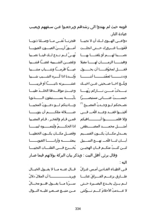 ‫قومه حيث لم يهتدوا الى رشدهم ويرجعسوا عسن سسفههم ويعيسب‬
‫س‬
‫س‬
‫س‬
‫س‬
‫عبادة النار.‬
‫دواعسسسي الهسسسوى لسسسك أن ل تجيبسسسا‬

‫هجرنسسسا تقسسسى مسسسا وبصسسسلنا ذنوبسسسا‬
‫ُ‬

‫قفونسسسسا غسسسسرورك حسسسستى انجلسسسست‬
‫َ َ‬

‫أمسسسسور أريسسسسن العيسسسسون العيوبسسسسا‬
‫َ‬
‫ ٌ‬

‫نصسسسسسبنا لهسسسسسم أو بلغنسسسسسا بهسسسسسا‬

‫نهسسسى لسسسم تسسسدع لسسسك فينسسسا نصسسسيبا‬
‫ص ً‬
‫ُ‬

‫وهبن سسسسسسا الزم سسسسسسان له سسسسسسا مقبل‬
‫س‬
‫س‬
‫س‬

‫وغصسسسن الشسسسبيبة غضسسسا قشسسسيبا‬
‫س‬
‫س‬
‫س‬
‫س‬

‫فقسسسسسسل لمخوفنسسسسسسا أن يحسسسسسسول‬
‫اّ‬

‫بصسسسسبا هرمسسسسا وشسسسسباب مشسسسسيبا‬
‫َ‬
‫مِ‬

‫وددنسسسسسسسسسا لعفتنسسسسسسسسسا أننسسسسسسسسسا‬
‫اّ‬

‫ولسسسسدنا اذا كسسسسره الشسسسسيب شسسسسيبا‬
‫ُ‬
‫ُ‬

‫وبلسسسغ اخسسسا بصسسسحبتي عسسسن اخيسسسك‬
‫اّ‬

‫عشسسسسسسسيرته نائيسسسسسسسا أو قريبسسسسسسسا‬

‫تبسسسسسدلت مسسسسسن نسسسسساركم ربهسسسسسا‬
‫اّ‬
‫ُ‬

‫وخبسسسسث مواقسسسسدها الخلسسسسد طيبسسسسا‬
‫َ‬
‫مِ‬

‫حبسسسسسسست عنسسسسسساني مستبصسسسسسسرا‬
‫ُ‬

‫بأيسسسسسسسة يسسسسسسسستبقون السسسسسسسذنوبا‬
‫اّ‬

‫)1(‬

‫ون سسساديتكم ل سسسو دع سسسوت المجيب سسسا‬
‫س‬
‫ُ‬
‫س‬
‫س‬
‫س‬

‫أفيئسسسسوا فقسسسسد وعسسسسد اسسسس فسسسسي‬

‫ضسسسسسسسللة مثلكسسسسسسسم أن يتوبسسسسسسسا‬

‫وإل هلمسسسسسسسسسسسوا أبسسسسسسسسسسساهيكم‬

‫فمسسن قسسام والفخسسر ، قسسام المصسسيبا‬

‫أمثسسسسسسل محمسسسسسسد المصسسسسسسطفى‬

‫اذا الحكسسسسسسم وليتمسسسسسسوه لبيبسسسسسسا‬
‫ُ اّ‬

‫بع سسسدل مك سسسان يكسسسسون القس سسسيم‬
‫س‬
‫َ‬
‫ ٍ س‬
‫س‬

‫وفصسسسل ٍ مكسسسان يكسسسون الخطيبسسسا‬

‫أبسسسسان لنسسسسا اسسسس نهسسسسج السسسسسبيل‬

‫ببعثتسسسسسسسسه وأرانسسسسسسسسا الغيوبسسسسسسسسا‬

‫لئسسسن كنسسست منكسسسم فسسسان الهجيسسسن‬
‫ُ‬

‫يخسسسسرج فسسسسي الفلتسسسسات النجيبسسسسا‬
‫ُ‬

‫نصسسحتكم لسسو وجسسدت المصسسيخ‬
‫س‬
‫ُ‬
‫س‬
‫س‬
‫س‬

‫وقال يرثي أهل البيت : ويذكر بيان البركة بولئهم فيما بصسار‬
‫اليه :‬
‫ُ‬
‫فسسي الظبسساء الغسسادين أمسسس غسسزال‬
‫مِ‬

‫قسسسال عنسسسه مسسسا ل يقسسسول الخيسسسال‬

‫طسسسسارق يزعسسسسم الفسسسسراق عتابسسسسا‬
‫َ‬

‫ُ‬
‫ويرين سسسسسسسسسسسسسسسسسسسا أن الملل دلل‬
‫َ‬
‫س‬

‫لسسسم يسسسزل يخسسسدع البصسسسيرة حسسستى‬

‫ُ‬
‫س سسسرنا م سسسا يق سسسول ه سسسو مح سسسال‬
‫س‬
‫س‬
‫س‬
‫س اّ س‬

‫ل عسسسسدمت الحلم كسسسسم نسسسسولتني‬
‫اّ‬
‫َ‬
‫ُ‬

‫مسسسن منيسسسع بصسسسعب عليسسسه النسسسوال‬
‫ ٍ‬
‫ ٍ‬

‫433‬

 