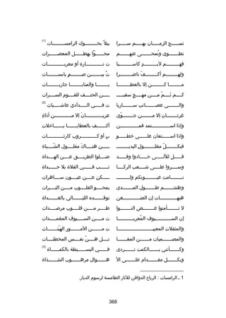 ‫)1(‬

‫نسلللللج الزملللللان بهلللللم سلللللرا‬

‫بيل ب ً بحلللللللللوك الرامسلللللللللات‬

‫تطلللللللوى وتمحلللللللى عنهلللللللم‬
‫ُ‬

‫محللللللوا بهطللللللل المعصللللللرات‬

‫فه لللللللللم لي لللللللللد كاس للللللللليا‬
‫ل‬
‫ ٍ‬
‫ل‬
‫ل‬

‫ت تللللللللللللارة أو معريللللللللللللات‬

‫ولهلللللللللم أكلللللللللف ناضلللللللللرا‬
‫ ّ‬

‫ت بيللللللللن صللللللللم يابسللللللللات‬
‫ ٍ‬
‫ ٌ‬

‫ملللللللللا كلللللللللن إل بالعطلللللللللا‬

‫يللللللللا والمنايللللللللا جاريللللللللات‬

‫كللللم ثللللم مللللن مهللللج سقيللللل‬
‫ ٍ‬
‫ ّ‬
‫نَ‬

‫لللللن الحتللللف للقللللوم السللللرات‬

‫وال لللللللى عصلللللللائب سلللللللاريا‬
‫ل‬
‫ل‬
‫ل‬

‫ت فلللللي اللللللدآدي عاشللللليات‬

‫)2(‬

‫غرثللللللللان إل مللللللللن جللللللللوى‬
‫ ّ‬

‫هِ‬
‫عريللللللللللللان إل مللللللللللللن أذاة‬
‫نَ‬

‫وإذا اسلللللللللللللتمد فملللللللللللللن‬

‫أكلللللللف بالعطايلللللللا بلللللللارخلت‬

‫واذا اسللللللتعان علللللللى رخطللللللو‬

‫ب أو كلللللللللللروب كارثلللللللللللات‬
‫ل‬
‫ل‬
‫ ٍ‬

‫فبكللللللللل مغلللللللللول اليديللللللللل‬
‫هِ‬
‫ ّ‬

‫ل للللن هن للللاك مفل للللول الش للللباة‬
‫ ّل‬
‫نَ ل‬
‫ل‬
‫ل‬

‫قلللللل للللللللى حلللللادوا وقلللللد‬
‫ل‬
‫ل‬
‫ل‬
‫ل‬

‫ضلللللوا الطريللللق عللللن الهللللداة‬

‫وسللللروا علللللى شللللعب الركللللا‬

‫ئللللللب فللللللي الفلة بل حللللللداة‬

‫ن للللللللامت عي للللللللونكم ولل لللللللل‬
‫ل‬
‫ل‬
‫ل‬

‫لللللكن عللللن عيللللون سللللاهرات‬

‫وظننتلللللللم طلللللللول الملللللللدى‬

‫يمحللللو القلللللوب مللللن التللللرات‬
‫هِ‬

‫هيهللللللللللللات إن الضللللللللللللغن‬

‫توقلللللللده الليلللللللالي بالغلللللللداة‬

‫ل تللللللللأمنوا غللللللللض النللللللللوا‬

‫ظ للللر م للللن قل للللوب مرص للللدات‬
‫ل‬
‫ل‬
‫ل‬
‫ل‬

‫إن السللللللللللليوف المعريلللللللللللا‬
‫ُ‬

‫ت ملللللن السللللليوف المغملللللدات‬

‫والمثقلت المعيي للللللللللللللللللللللللا‬
‫ل‬

‫ت ملللللللن الملللللللور الهينلللللللات‬
‫ ّ‬

‫والمصلللللللميات ملللللللن المقلللللللا‬

‫تللللل هللللن نفللللس المخطئللللات‬
‫ ّ‬

‫وكلللللللأنني بلللللللالكمت تلللللللردى‬

‫فللللللي البسلللللليطة بالكمللللللاة‬

‫)3(‬

‫وبكلللللللل مقلللللللدام عللللللللى ال‬

‫هللللللوال مرهللللللوب الشللللللذاة‬
‫ل‬
‫ل‬
‫ل‬

‫__________________‬
‫1 ل الرامسات : الرياح الدوافن للثار الطامسة لرسوم الديار.‬

‫863‬

 