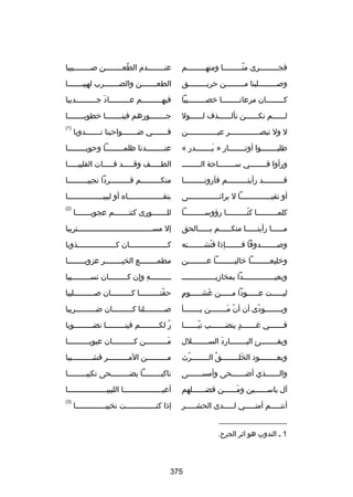 ‫فجلللللللللرى منلللللللللا ومنهلللللللللم‬
‫ ّ‬

‫عنللللللللدم الطعللللللللن صللللللللبيبا‬
‫ ّ‬

‫وص لللللللللينا م للللللللن حري للللللللق‬
‫ل‬
‫ل‬
‫ل‬

‫الطعلللللللن والضلللللللرب لهيبلللللللا‬

‫كللللللللان مرعانللللللللا رخصلللللللليبا‬

‫فبهلللللللللم علللللللللاد جلللللللللديبا‬
‫نَ‬

‫لللللللم نكللللللن نألللللللذف لللللللول‬

‫ج لللللللورهم فين لللللللا رخطوب لللللللا‬
‫ل‬
‫ل‬
‫ل‬

‫ل ول تبص لللللللللللللر عي لللللللللللللن‬
‫ل‬
‫ل‬

‫فلللللللي ضلللللللواحينا نلللللللدوبا‬

‫)1(‬

‫طلب لللللللوا أوت لللللللار » ب لللللللدر «‬
‫نَل‬
‫ل‬
‫ل‬

‫عنللللللللدنا ظلمللللللللا وحوبللللللللا‬
‫ل‬
‫ل‬
‫ل‬

‫ورأوا فللللللللي سللللللللاحة الللللللللل‬

‫الطلللللف وقلللللد فلللللات القليبلللللا‬

‫قلللللللللد رأيتلللللللللم فأرونلللللللللا‬
‫ل‬
‫ل‬
‫ل‬

‫منكلللللللللم فلللللللللردا نجيبلللللللللا‬

‫أو تقيللللللللللللللا ل يرائللللللللللللللى‬

‫بتقللللللللللللللللاه أو لبيبللللللللللللللللا‬

‫كلم لللللللللا كن لللللللللا رؤوس لللللللللا‬
‫ل‬
‫ ّل‬
‫ل‬

‫لللللللللورى كنتلللللللم عجوبلللللللا‬

‫)2(‬

‫م لللللا رأين لللللا منك لللللم ب لللللالحق‬
‫ل‬
‫ل‬
‫ل‬
‫ل‬

‫إل مسلللللللللللللللللللللللللللللللللتريبا‬
‫ل‬

‫وصلللللللدوقا فلللللللإذا فتشلللللللته‬
‫ ّ ل‬
‫ل‬
‫ل‬

‫كلللللللللللللللللان كلللللللللللللللللذوبا‬

‫ورخليعلللللللللا رخاليلللللللللا علللللللللن‬

‫مطمللللللللع الخيللللللللر عزوبللللللللا‬

‫وبعيللللللللللللللدا بمخازيللللللللللللللل‬

‫ل لللللللله وإن ك للللللللان نس لللللللليبا‬
‫ل‬
‫ل‬
‫هِ‬
‫ل‬

‫ ٍ‬
‫ليلللللت علللللودا ملللللن غشلللللوم‬
‫نَ ل‬
‫ل‬
‫ل‬
‫ل‬

‫حقنلللللللللا ك لللللللللان ص لللللللللليبا‬
‫ل‬
‫ل‬
‫ ّ ل‬

‫وب لللللللودى أن أن م لللللللن ي لللللللأ‬
‫ل‬
‫ ّ نَل‬
‫ ّ‬
‫ل‬

‫صللللللللللنا كلللللللللان ضلللللللللريبا‬

‫فلللللللي غلللللللد ينضلللللللب تيلللللللا‬
‫ ّ‬
‫ ٍ‬

‫ر لكلللللللللم فينلللللللللا نضلللللللللوبا‬
‫ُ‬

‫ويق لللللللئ الب لللللللارد الس للللللللل‬
‫ل‬
‫نَ‬
‫ل‬
‫ل‬

‫مللللللللللن كللللللللللان عبوبللللللللللا‬
‫نَ‬

‫ويعللللللللود الخلللللللللق الللللللللر
ث‬
‫ ّ‬
‫ُ‬
‫نَ‬

‫ملللللللللن الملللللللللر قشللللللللليبا‬
‫ل‬
‫ل‬
‫ل‬

‫والللللللذي أضللللللحى وأمسللللللى‬
‫ل‬
‫ل‬
‫ل‬

‫ناكب للللللللا يض للللللللحى نكيب للللللللا‬
‫ل‬
‫ل‬
‫ل‬

‫آل ياسللللللين ومللللللن فضلللللللهم‬
‫نَ‬

‫أعي لللللللللللللللللا اللبيب لللللللللللللللللا‬
‫ل‬
‫ل‬

‫أنتلللللم أمنلللللي للللللدى الحشلللللر‬

‫)3(‬

‫إذا كنللللللللللللللت نخيبللللللللللللللا‬

‫__________________‬
‫1 ل الندوب هو اثر الجرح.‬

‫573‬

 