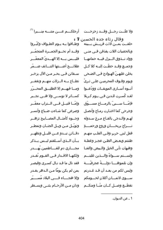 ‫ول عللللت رجلللل وقلللد زحزحلللت‬
‫نَ‬

‫أرجلكللللم عللللن متنلللله منللللبرا‬
‫هِ‬

‫)1(‬

‫وقال رثاء جده الحسين 7 :‬

‫حلفلللت بملللن لذت قريلللش بلللبيته‬

‫وطللافوا بلله يللوم الطللواف وكبللروا‬
‫ ّ‬

‫وبالحصيات اللت يقذفن فللي منللى‬

‫وقلللد أم نحلللو الجملللرة المتجملللر‬
‫ ّ‬

‫وواد تلللذوق اللللبزل فيللله حمامهلللا‬

‫فلي لللس ب للله إل اله لللدي المعف لللر‬
‫ ّل‬
‫ ّ‬
‫ل‬
‫ل‬
‫ل‬

‫وجمللع وقللد حطللت إليلله كل كللل‬
‫ ّ‬
‫ ٍ‬

‫طلئلللح أضلللنتها التنلللائف ضلللمر‬
‫ل  ّ‬
‫ل‬
‫ل‬
‫ل‬

‫يخلن عليهلن الهلوادج فلي الضلحى‬
‫ل‬
‫ل‬
‫ ّ ل‬

‫سللفائن فللي بحللر مللن الل يزرخللر‬

‫ب ً‬
‫ويوم وقلوف المحرميلن عللى ثلرى‬
‫ل‬
‫ل‬

‫تط للاح ب لله ال للزلت منه للم وتغف للر‬
‫ل‬
‫ل‬
‫ل‬
‫ل‬
‫ل‬

‫أتللوه أسللارى الموبقللات وودعللوا‬
‫ ّ‬
‫ل‬

‫وملللا فيهلللم إل الطليلللق المحلللرر‬
‫ ّ‬

‫لقلد كسلرت لللدين فلي يلوم كلربل‬
‫ل ل‬
‫ل‬
‫ل ُ ل‬

‫كس للائر ل توس للى ول ه للي تج للبر‬
‫ل‬
‫ل‬
‫ل‬
‫ل‬

‫فإمللللا سللللبي بالرمللللاح مسللللوق‬
‫ ّ‬
‫ ّ‬
‫ ّ‬

‫وإملللا قتيلللل فلللي اللللتراب معفلللر‬
‫ ّ‬
‫ ّ‬

‫وجرحى كما ارختلارت رملاح وأنصلل‬
‫ل‬
‫ل‬
‫ل‬

‫وصرعى كما شللاءت ضللباع وأنسللر‬

‫له لم وال لدجى بالق لاع م لرخ س لدوله‬
‫ل  ٍ ل‬
‫ل‬
‫ل‬
‫ل‬

‫وجلللوه كأمثلللال المصلللابيح تزهلللر‬

‫ ٍ‬
‫تلللللراح بريحلللللان وروح ورحملللللة‬
‫ ٍ‬
‫ ٍ‬

‫وتوبللل مللن وبللل الجنللان وتمطللر‬
‫ ّ‬

‫فقل لبني حرب وفللي القلللب منهللم‬
‫ ٍ‬

‫دف للائن تب للدو ع للن قلي للل وتظه للر‬
‫ل‬
‫ل  ٍ‬
‫ل‬
‫ل‬
‫ل‬

‫ظننتم وبع لض الظ لن عج لز وغفل لة‬
‫ل‬
‫ل‬
‫ل‬
‫ل‬

‫ب للأن ال للذي أس لللفتم لي للس ي للذكر‬
‫ل‬
‫ل‬
‫ل‬
‫ل‬
‫ل‬

‫وهيهات تأبى الخيل وال لبيض والقن لا‬
‫ل‬
‫ل‬

‫مجللللاري دم للفللللاطميين يهللللدر‬
‫ُ‬
‫ ٍ‬

‫ولسلللتم سلللواء واللللذين غلبتلللم‬
‫ل‬
‫ب ً ل‬
‫ل‬
‫ل‬

‫ولكنهللا القللدار فللي القللوم تقللدر‬
‫ُ‬

‫وإن نلتموه للللا دول للللة عجرفي للللة‬
‫ ّل‬
‫ل ب ً‬
‫ل‬

‫فقد نال ما قلد نلال كسلرى وقيصلر‬

‫وليس لكم من بع لد أن ق لد غ لدرتم‬
‫ل ل‬
‫ل‬

‫بمن لم يكن يوما ملن اللدهر يغلدر‬
‫ل‬
‫ل‬
‫ل‬

‫س لللوى لئم لللات آكلت لح لللومكم‬
‫ ٍ ل‬
‫ ٍ‬
‫ل‬
‫ل‬

‫وإل هج للللاء ف للللي البلد مس للللير‬
‫ُ ل  ّ‬
‫ل‬
‫ل‬

‫تقط للع وص للل ك للان من للا ومنك للم‬
‫ل‬
‫ ّل‬
‫ل‬
‫ل‬
‫نَل‬

‫ودان مللن الرحللام يثنللى ويسللطر‬
‫ ٍ‬

‫__________________‬
‫1 ل عن الديوان.‬

‫404‬

 