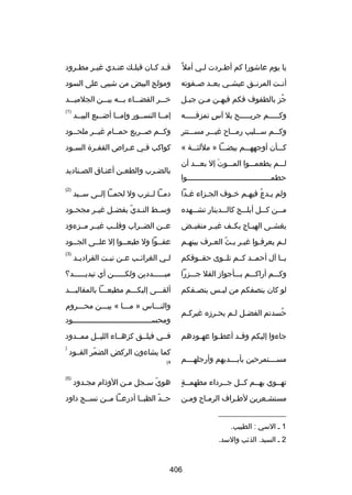 ‫يا يوم عاشورا كم أطلردت للي أمل ب ً‬
‫ل‬
‫ل‬

‫ق لد ك لان قبل لك عن لدي غي لر مط لرود‬
‫ل‬
‫ل‬
‫ل‬
‫ل‬
‫ل ل‬

‫أنللت المرنللق عيشللي بعللد صللفوته‬

‫ومولج البيض من شيبي على السود‬

‫جز بالطفوف فكم فيه لن م لن جب لل‬
‫ل‬
‫ل ل‬
‫ُ‬

‫رخلللر القضلللاء بللله بيلللن الجلميلللد‬

‫وكلللللم جريلللللح بل آس تمزقللللله‬
‫ ٍ‬

‫إمللا النسللور وإمللا أضللبع البيللد‬

‫)1(‬

‫وكلللم سلللليب رملللاح غيلللر مسلللتتر‬

‫وكللم صللريع حمللام غيللر ملحللود‬

‫كلللأن أوجههلللم بيضلللا » مللئلللة «‬

‫كواكب فلي علراص القفلرة السلود‬
‫ل‬
‫ل‬
‫ل‬
‫ل‬

‫للللم يطعملللوا الملللوت إل بعلللد أن‬
‫نَ‬
‫حطم لللللللللللللللللللللللللللللللللللللوا‬
‫ل‬

‫بالضلرب والطعلن أعنلاق الصلناديد‬
‫ل‬
‫ل‬
‫ل‬
‫ل‬
‫)2(‬

‫ولم يلدع فيهلم رخلوف الجلزاء غلدا‬
‫ل‬
‫ل‬
‫ل‬
‫ل ُ ل‬

‫دمللا لللترب ول لحمللا إلللى سلليد‬

‫ملللن ك للل أبللللج كاللللدينار تش للهده‬
‫ل‬
‫ل‬

‫وسللط الن لدي بفضللل غيللر مجح لود‬
‫ل‬
‫ل  ّ‬

‫يغشللى الهيللاج بكللف غيللر منقبللض‬

‫عللن الضللراب وقلللب غيللر مللزءود‬

‫للم يعرفلوا غيلر بلث العلرف بينهلم‬
‫ل‬
‫ ّ ل‬
‫ل‬
‫ل‬
‫ل‬

‫عفللوا ول طبعللوا إل علللى الجللود‬

‫يللا آل أحمللد كللم تلللوى حقللوقكم‬

‫ل لي الغرائ لب ع لن نب لت القرادي لد‬
‫ل‬
‫ل‬
‫ل‬
‫ل‬
‫ل‬

‫)3(‬

‫وكلللم أراكلللم بلللأجواز الفل جلللزرا‬

‫مب لللللددين ولك لللللن أي تبدي لللللد؟‬
‫ل‬
‫ل‬
‫ل‬

‫لو كان ينصفكم من لي لس ينص لفكم‬
‫ل‬
‫ل‬

‫ألقلللى إليكلللم مطيعلللا بالمقاليلللد‬

‫حسدتم الفضلل للم يحلرزه غيركلم‬
‫ل‬
‫ل‬
‫ل ل‬
‫ُ‬
‫جاءوا إليكم وق لد أعط لوا عه لودهم‬
‫ل‬
‫ل‬
‫ل‬

‫والنلللاس » ملللا « بيلللن محلللروم‬
‫ومحسلللللللللللللللللللللللللللللللللللود‬
‫فللي فيلللق كزهللاء الليللل ممللدود‬
‫كما يشاءون الركض الضمر القللود‬
‫ ّ‬

‫)‬

‫مسللللتمرحين بأي لللديهم وأرجله لللم‬
‫ل‬
‫ل‬

‫4(‬

‫ ٍ‬
‫تهللوي بهللم كللل جللرداء مطهمللة‬

‫هوي سلجل ملن الوذام مجلدود‬
‫ل‬
‫ل‬
‫ ّ ل‬

‫مستشلعرين لطلراف الرملاح وملن‬
‫ل‬

‫حللد الظبللا أدرعللا مللن نسللج داود‬
‫ ّ‬

‫__________________‬
‫1 ل السي : الطبيب.‬
‫2 ل السيد. الذئب والسد.‬

‫604‬

‫)5(‬

 