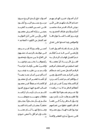 ‫كللأن أصللوات ضللرب الهللام بينهللم‬

‫أصللوات دوح بأيللدي الريللح مللبرود‬
‫ ٍ‬

‫حمللائم اليللك تبكيهللم علللى فنللن‬
‫نَ نَ‬
‫هِ‬

‫ُ‬
‫مرنللللح بنسلللليم الريللللح أملللللود‬

‫ن لوحي ف لذاك ه لدير من لك محتس لب‬
‫ل‬
‫ل‬
‫ل‬
‫ل‬
‫ل‬

‫عللللى حسلللين فتعديلللد كتغريلللد‬
‫ل‬
‫ل‬
‫ل‬
‫ل‬

‫ُ‬
‫أحبكللم والللذي طللاف الحجيللج بلله‬

‫بمبتنلللى بلللإزاء العلللرش مقصلللود‬

‫وزم لللزم كلم لللا قس لللنا موارده لللا‬
‫ل‬
‫ل‬
‫ ٍ ل‬
‫ل‬

‫أوفللى وأربللى علللى كللل المواريللد‬
‫عند الجمار من الكوم » المقاحيد «‬

‫ ٍ‬
‫والموقفين وملا ضلحوا عللى عجلل‬
‫ل‬
‫ل ل‬

‫)1(‬

‫وكلللل نسلللك تلقلللاه القبلللول فملللا‬

‫أمسلللى وأصلللبح إل غيلللر ملللردود‬

‫وارتض للى أنن للي ق للد م للت قبلك للم‬
‫ل‬
‫ل  ّ‬
‫ل‬
‫ل‬
‫ل‬

‫فلللي موقلللف بالردينيلللات مشلللهود‬

‫جللم القتيللل فهامللات الرجللال بلله‬
‫ ّ‬

‫في القاع ما بيلن ملتروك ومحصلود‬
‫ل‬
‫ل ل‬

‫فقلللللل لل زيلللللاد أي معضللللللة‬
‫ل‬
‫ ّ‬
‫ل‬
‫ل‬

‫ركبتموهلللللا بتخلللللبيب وتخويلللللد‬

‫كيف استلبتم من الش لجعان أمره لم‬
‫ل‬
‫ل‬

‫والحللربُ تغلللي بأوغللاد عراديللد؟‬

‫فرقت لم الشلمل مم لن ل لف ش لملكم‬
‫ل‬
‫ل ل‬
‫ل‬
‫ل‬

‫وأنتللللم بيللللن تطريللللد وتشللللريد‬

‫ومللن أعزكللم بعللد الخمللول ومللن‬
‫نَ‬

‫أدن للاكم م للن أم للان بعلللد تبعيلللد؟‬
‫ل‬
‫هِل‬
‫ل‬

‫لللللولهم كنتللللم لحمللللا لمللللزدرد‬

‫أو رخلس للة لقص للير الب للاع معض للود‬
‫ل‬
‫ل‬
‫ل‬
‫ُ ل‬

‫أو كالسلللقاء يبيسلللا غيلللر ذي بللللل‬

‫أو كالجن للاء س للقيطا غي للر معم للود‬
‫ل‬
‫ل‬
‫ل‬
‫ل‬

‫أعطاكم الدهر ملا ل بلد » يرفعله «‬

‫فسللالب العللود فيهللا مللورق العللود‬

‫ول ش لللربتم بص لللفو ل ول علق لللت‬
‫ل‬
‫ل‬
‫ل‬

‫لك للللم بن للللان بأزم للللان أراغي للللد‬
‫ل‬
‫ل‬
‫ل‬
‫ل‬

‫ول ظفرتللم وقللد جنللت بكللم نللوب‬
‫ ّ‬

‫مقلقلت بتمهيلللللللللد وتوطيلللللللللد‬

‫وحلللول اللللدهر ريانلللا اللللى ظملللأ‬
‫ ّ‬

‫منكلللم وبلللدل محلللدودا بمجلللدود‬
‫ ّ‬

‫قد قلت للقوم حطوا مللن عمللائمهم‬

‫تحققلللا بمصلللاب السلللادة الصللليد‬

‫نوحللوا عليلله فهللذا يللوم مصللرعه‬

‫وعلللللددوا إنهلللللا أيلللللام تعديلللللد‬

‫ ٌ‬
‫فلللي دمللوع تبللاري القطللر واكفللة‬
‫ ٌ ُ‬

‫جادت وإن لم أقل يا أدمعي ج لودي‬
‫ل‬
‫)2(‬

‫804‬

 